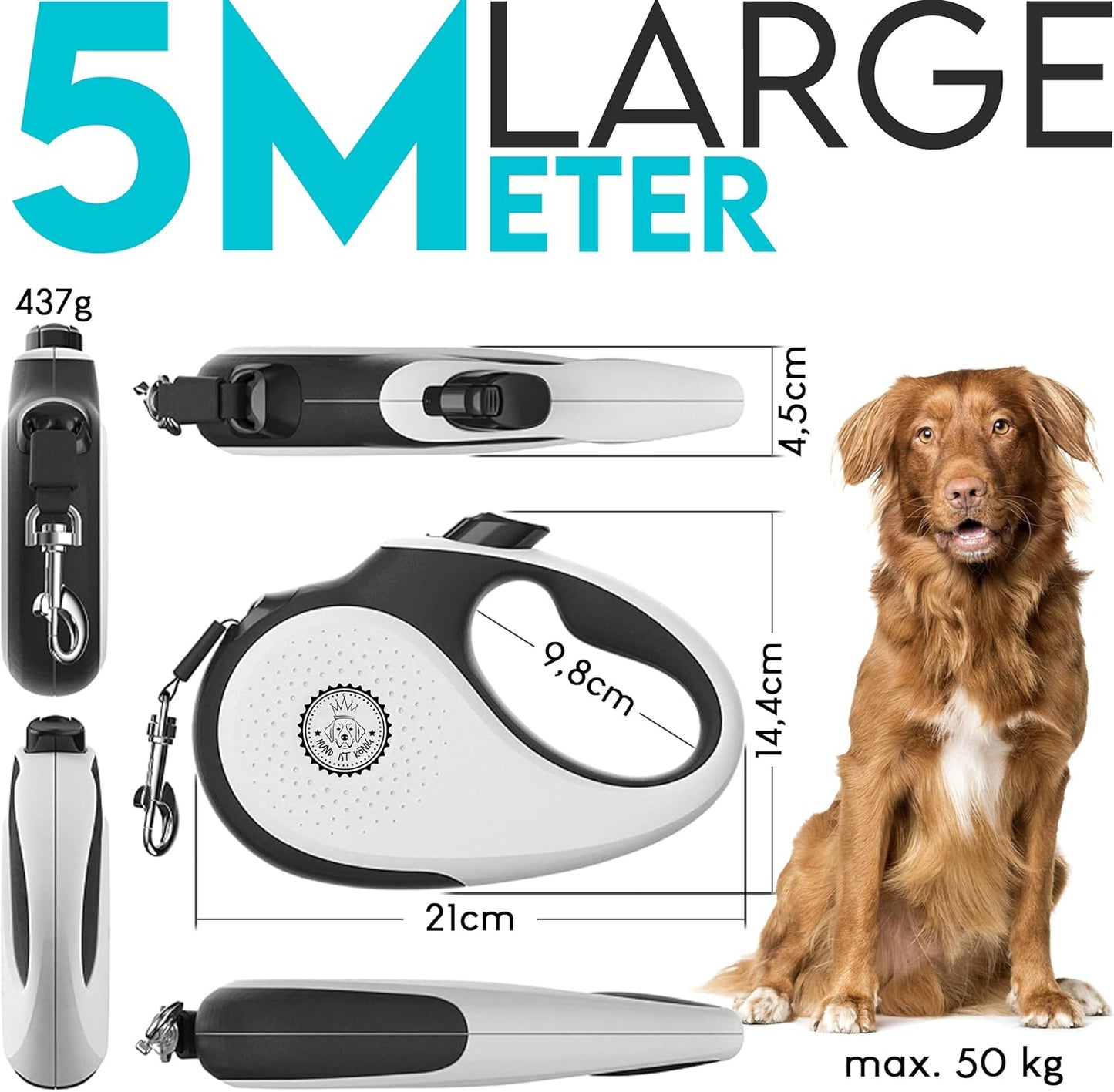 Ausziehbare Hundeleine 5m bis 50kg, bequemer Griff, L | 5m | bis 50kg Weiss | Schwarz