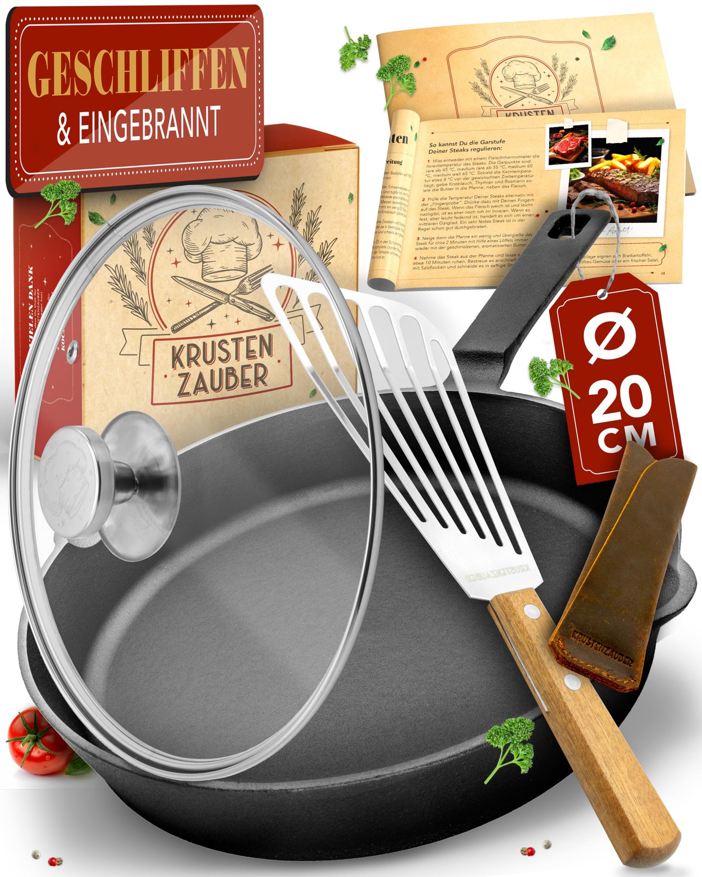Gusseisenpfanne Induktion 20cm Set mit Deckel & Wender, 20 cm Geschliffene Pfanne + Deckel + Wender