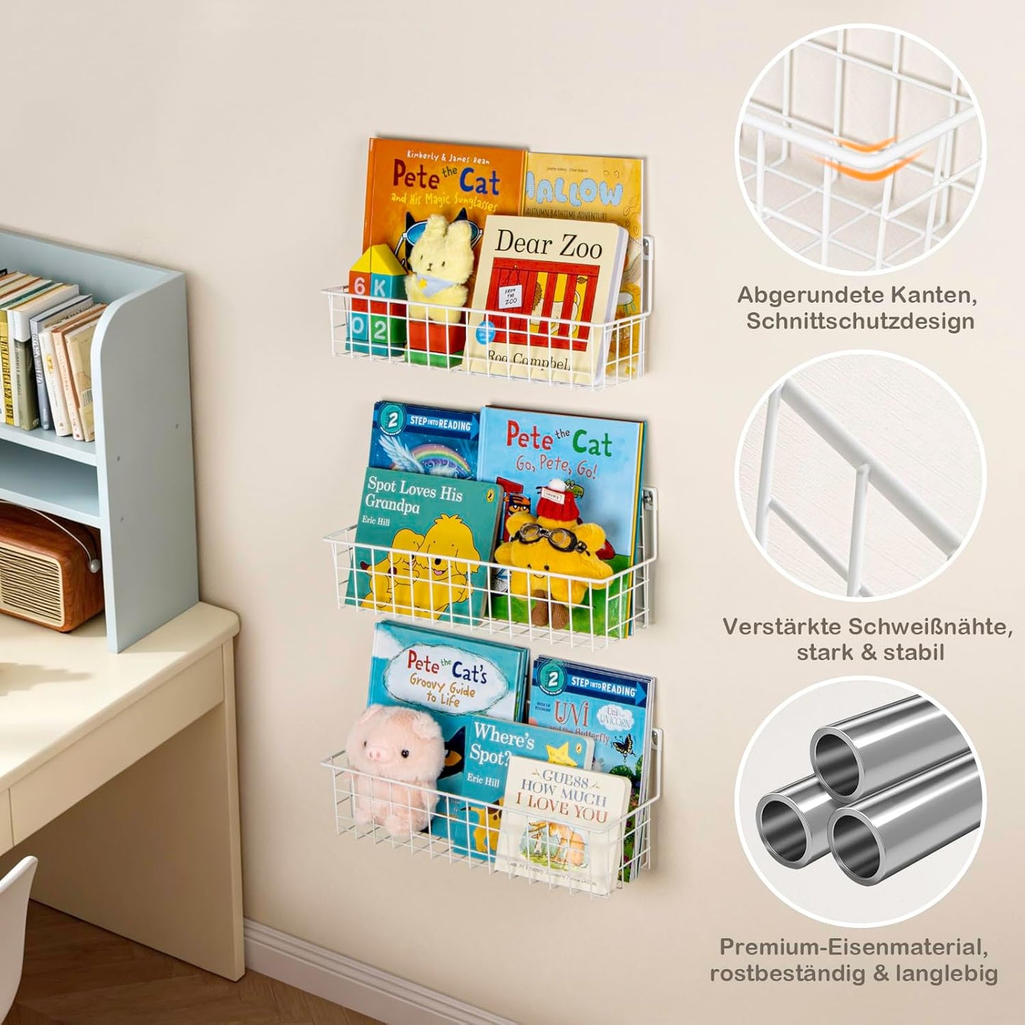 Kinder Bücherregal Wand-Set (6-teilig, Metall), Weiss