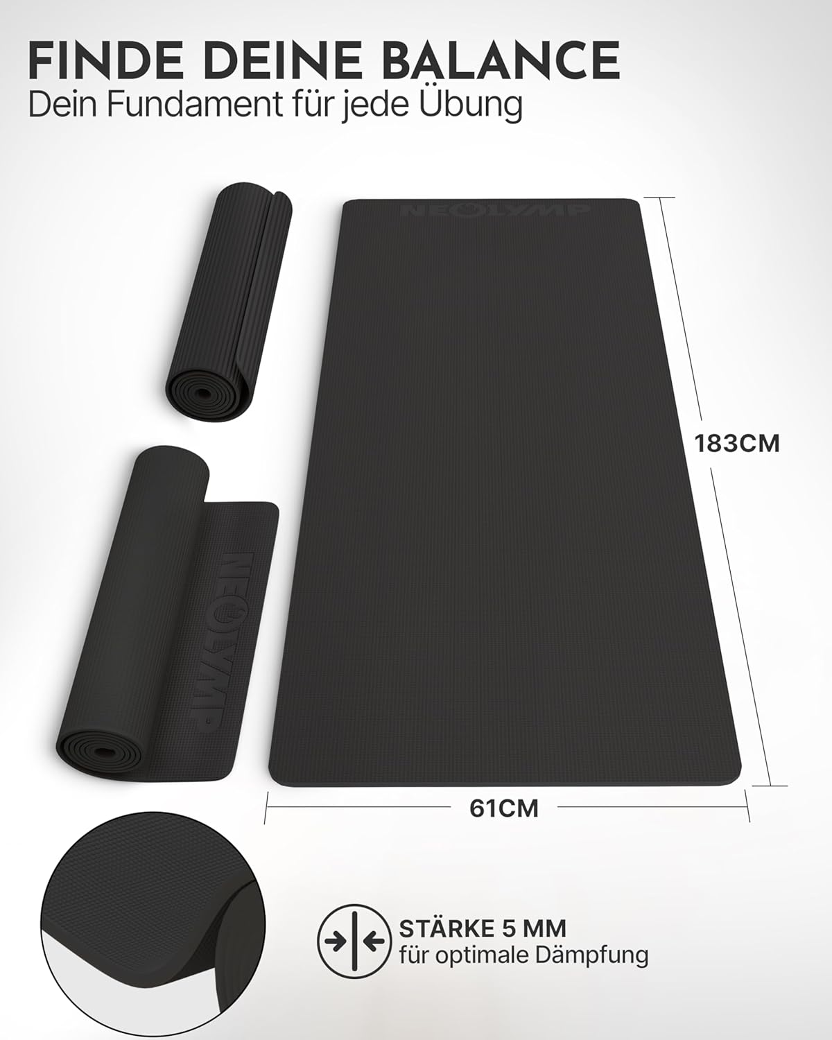 Yogamatte rutschfest & gelenkschonend 183x61cm, Anthrazit