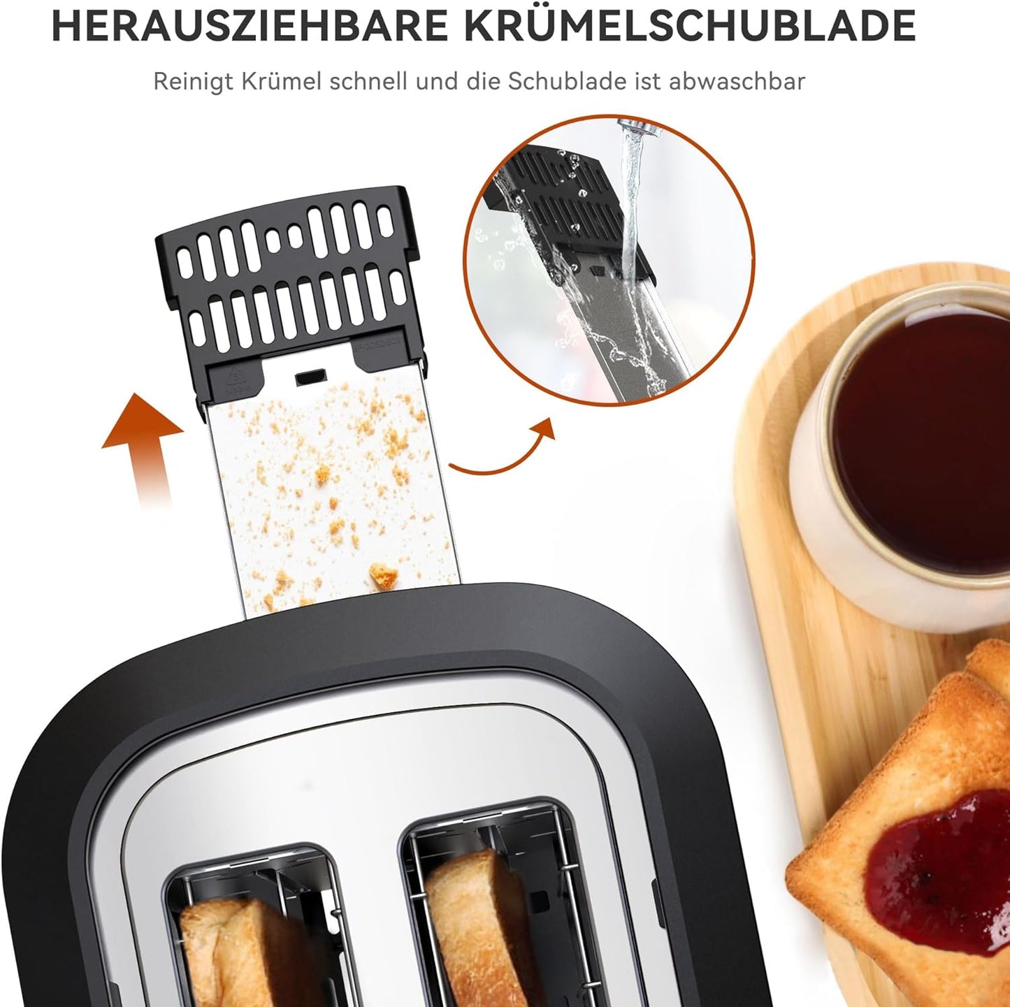 Toaster mit Brötchenaufsatz und herausnehmbarer Krümelschublade