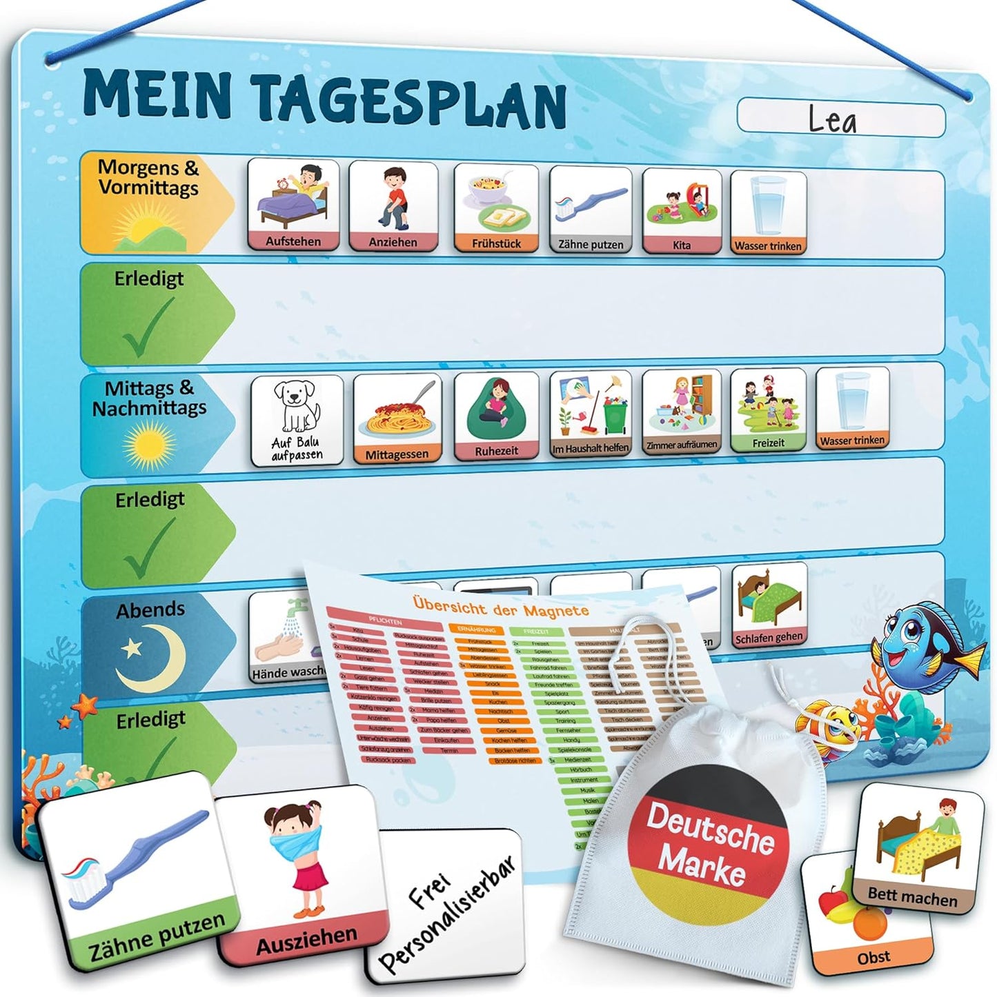 Montessori Tagesplaner und Magnettafel Kinder, Blau Tagesplan