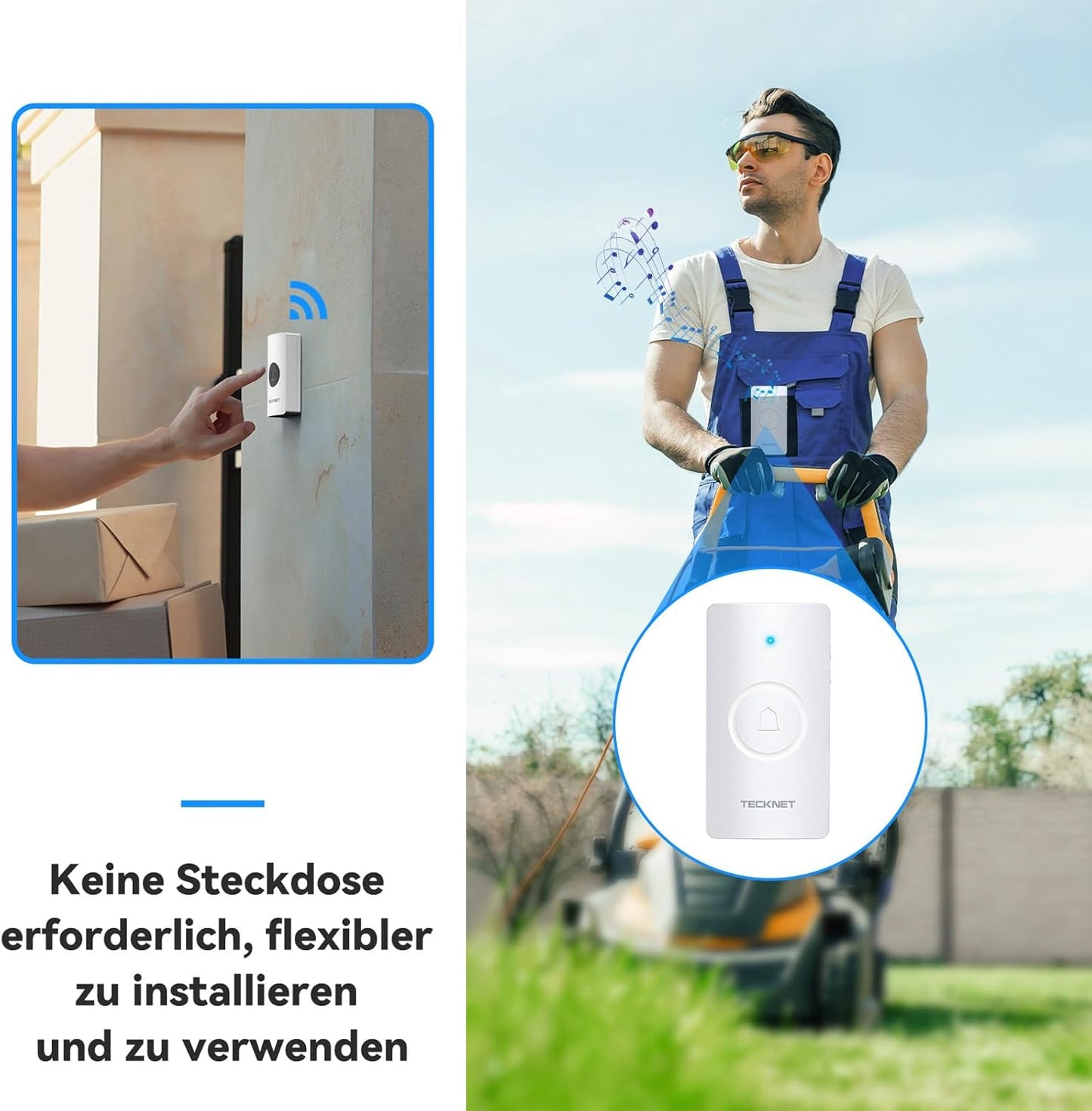 Funkklingel-Set mit 400m Reichweite und 60 Melodien, 1 Empfänger & 1 Sender Weiss