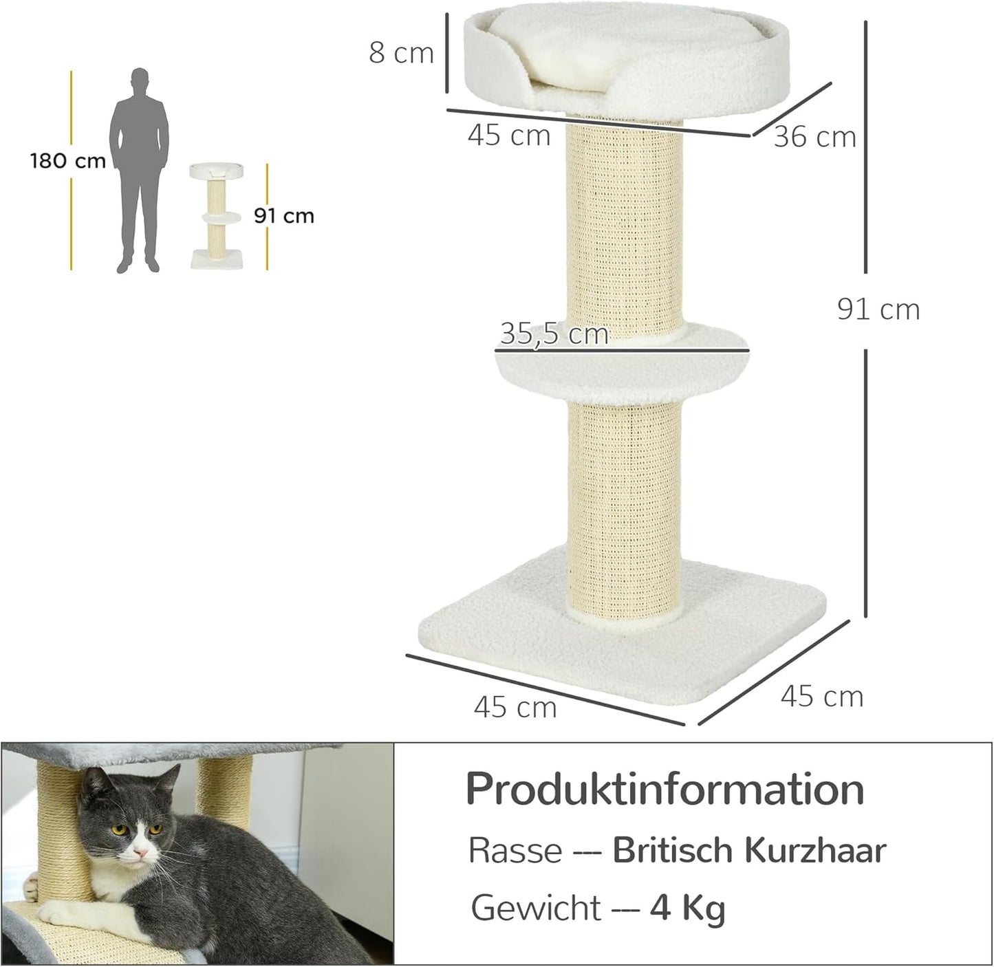 Mehrstöckiger Katzenturm mit Sisalstämmen und Kissen, Cremeweiss
