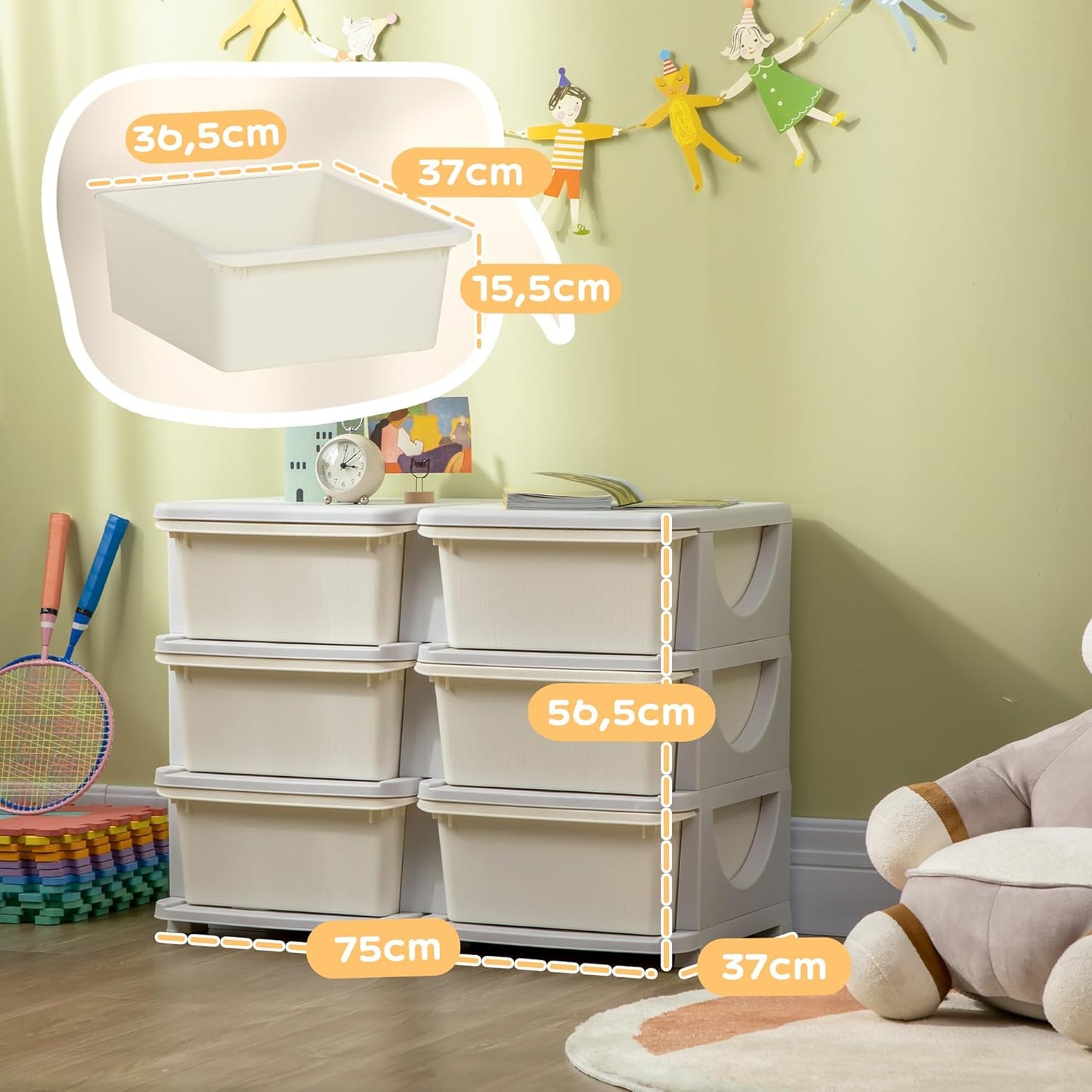 Kinderschubladenschrank mit abgerundete Kanten, 75L x 37B x 56,5H cm Cremeweiss