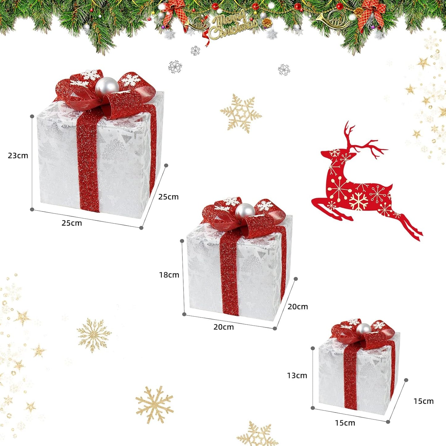 3er LED Geschenkbox Set mit Lichterkette, 009 Weiss mit Weihnahchtsbaum - Netzstecker