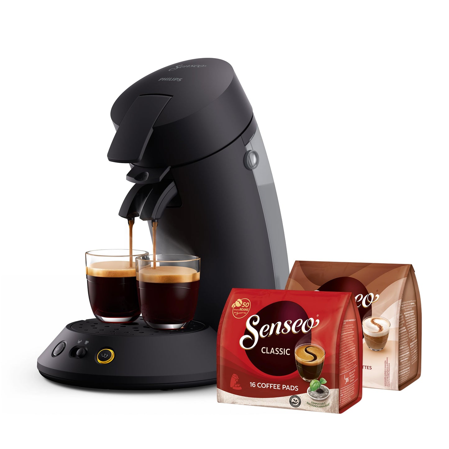 Senseo Original Plus Kaffeepadmaschine ‎CSA210/69 mit Kaffeestärkewahl und 2-Tassenfunktion, Compact, 5 cups Schwarz + 2 Padpacks