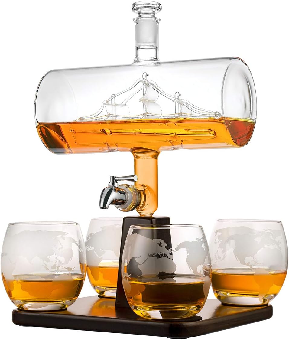 Whisky-Dekanter-Set mit Gläsern, Barrel Dekanter + 4 Gläser