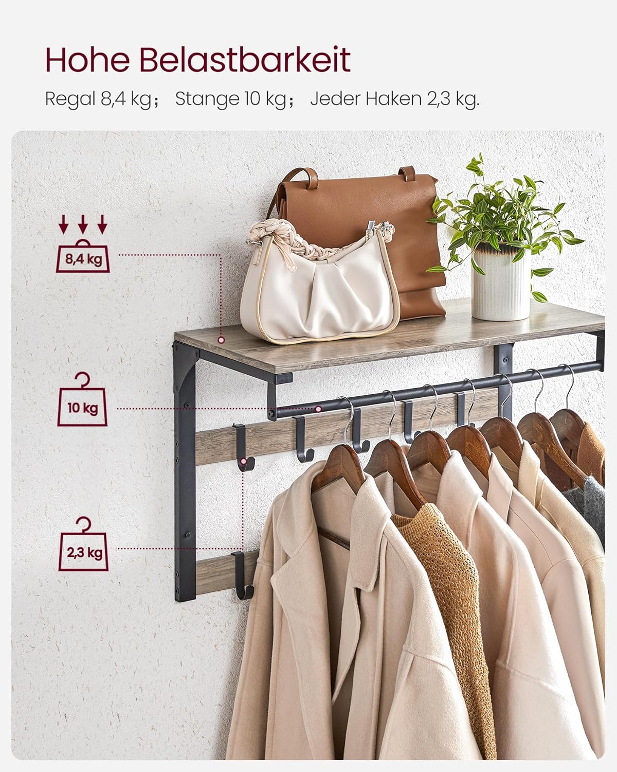 Wandgarderobe mit Schuhbank und Regal (Industrie-Design), 73B cm Greige + Schwarz