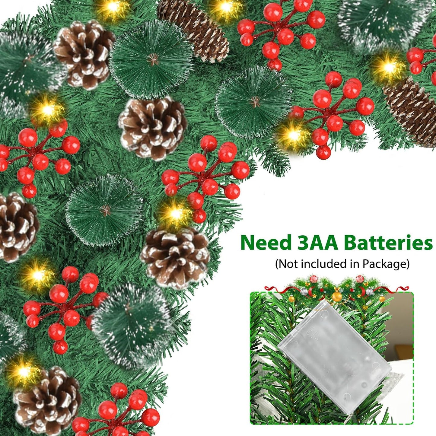 Weihnachtsgirlande mit LED Lichterkette, Tannenzapfen und Beeren, Grün
