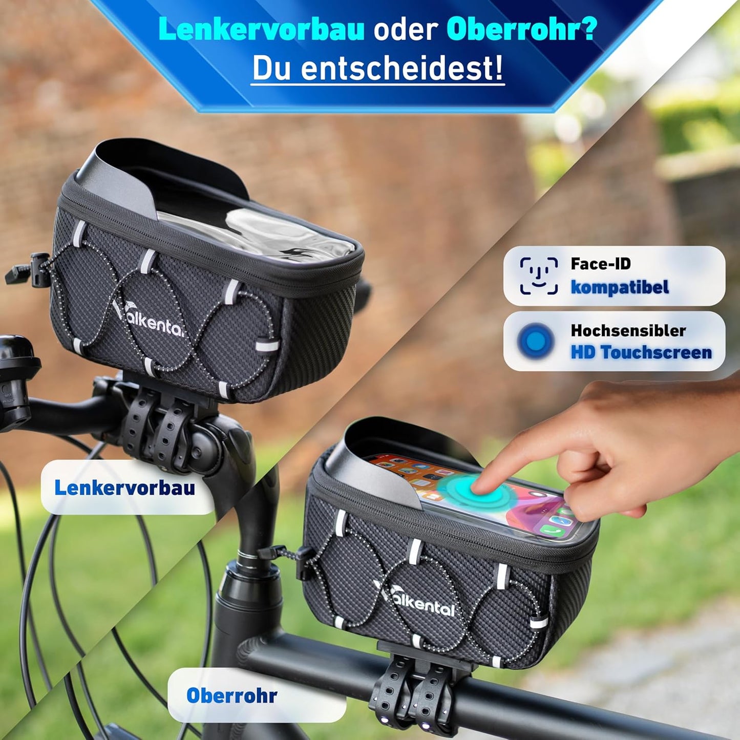 Rahmentasche mit Schnellspanner & Handyfach, Schwarz mit Handyfach