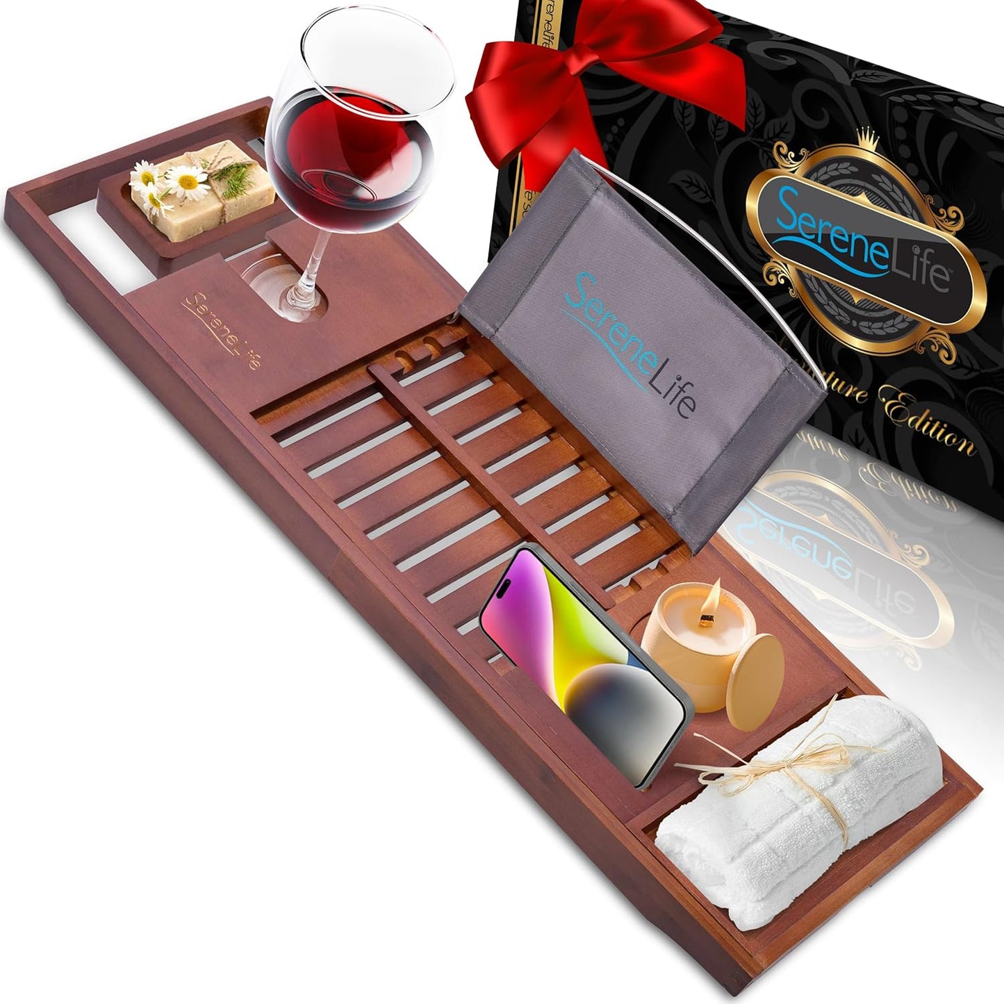 Badewannenbrett ausziehbar Bambus, Bambus Dunkelbraun + Geschenkbox