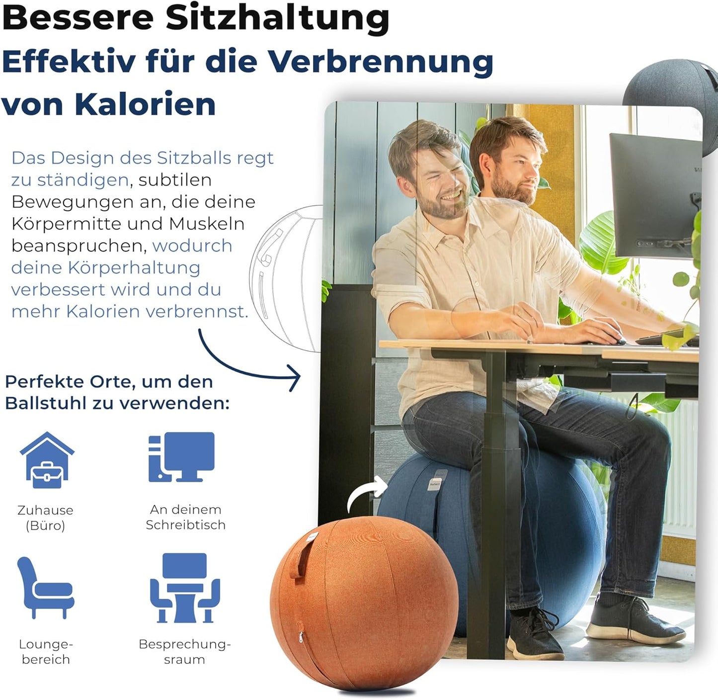 Ergonomischer Büro-Sitzball mit waschbarem Bezug, 65 cm Orange