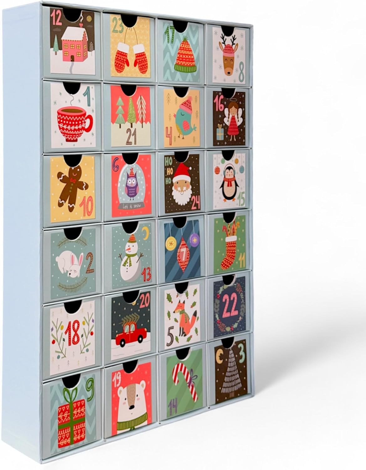 Adventskalender mit 24 Schubladen-Boxen, Zahlen & süße Motive