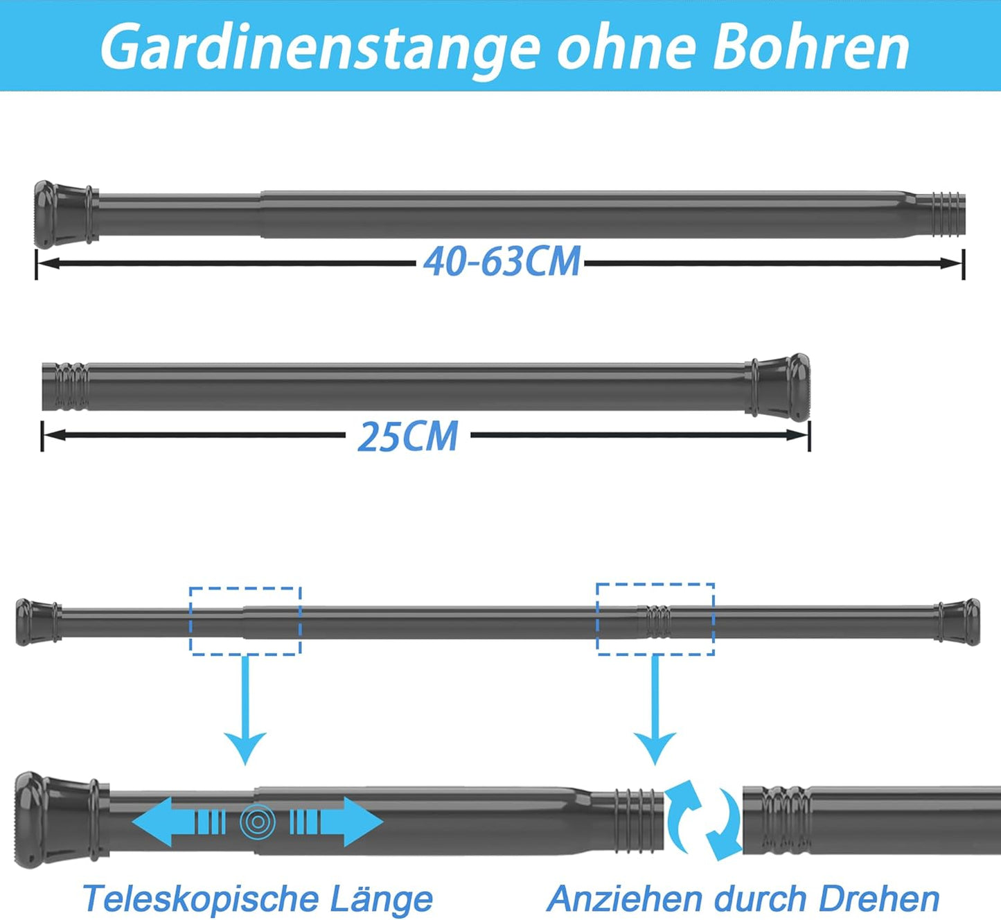 Ausziehbare Gardinen- und Duschstange ohne Bohren, Weiss 66-90CM(1Stück)