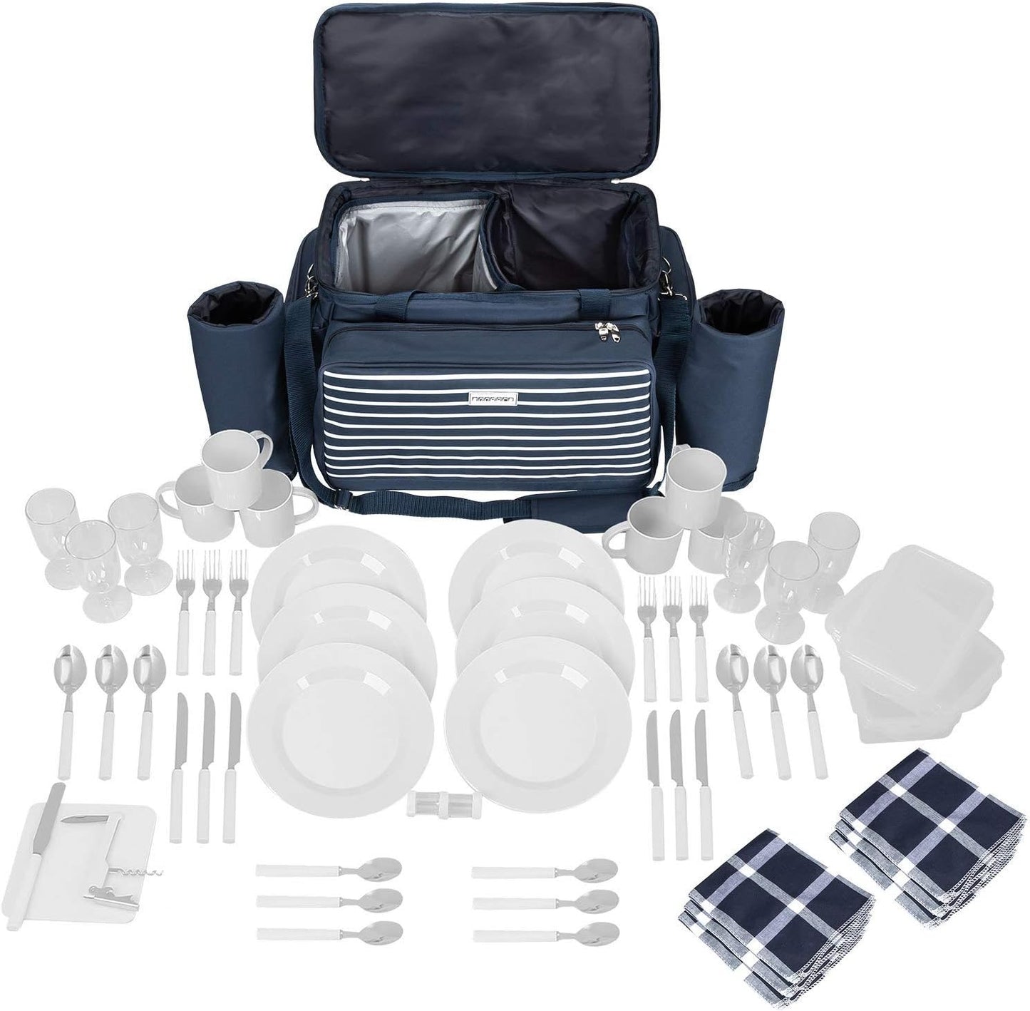 XXL Picknicktasche Set für 6 Personen (57-teilig), Navy Blau Weiss