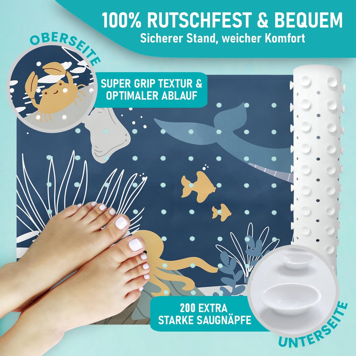 Rutschfeste Badewannenmatte, 100x40 cm, Badewannenmatte Wasserwelt Blau