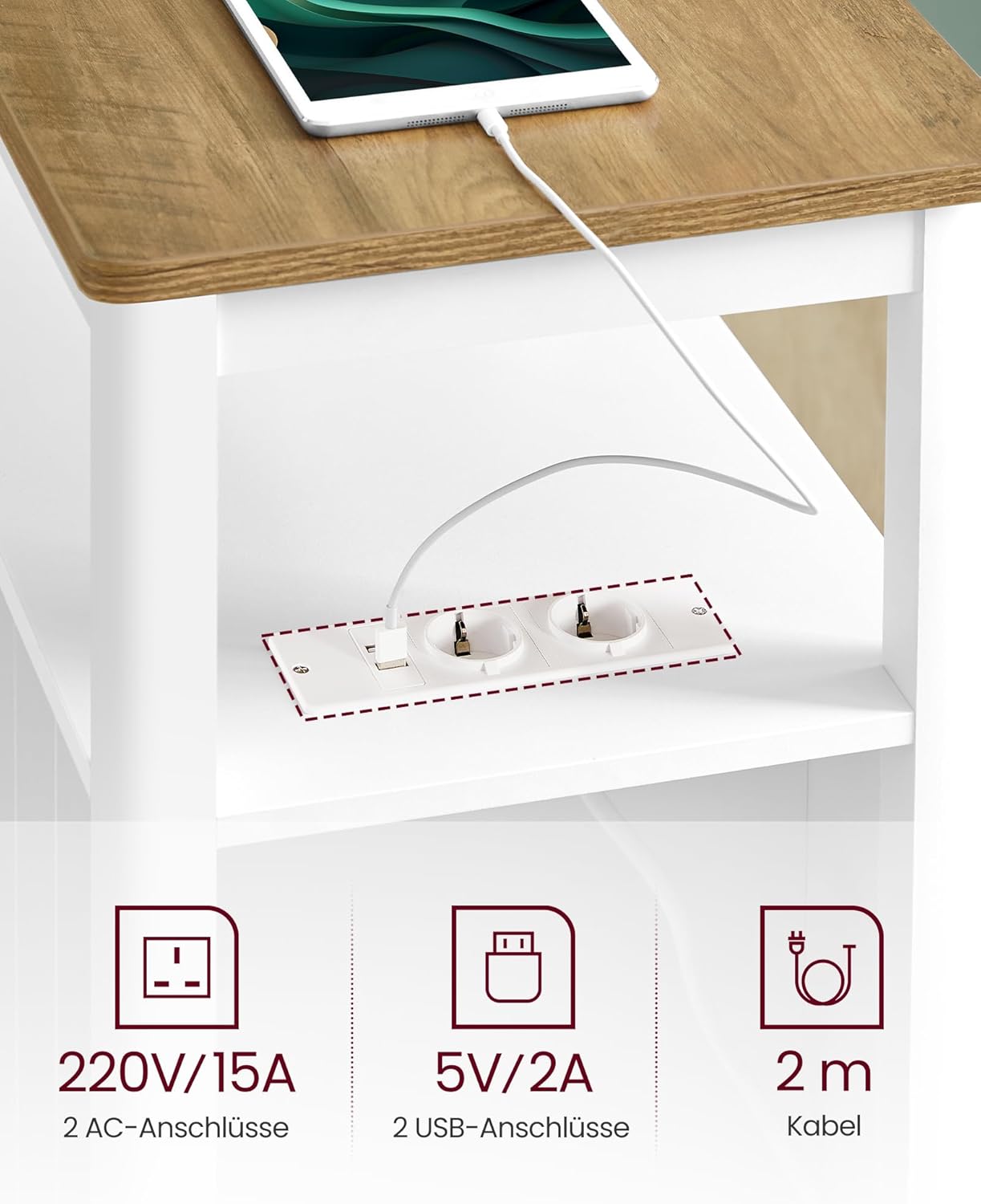 2er Beistelltisch-Set mit Steckdosenleiste, schmal, Modell LCT649W01, 2