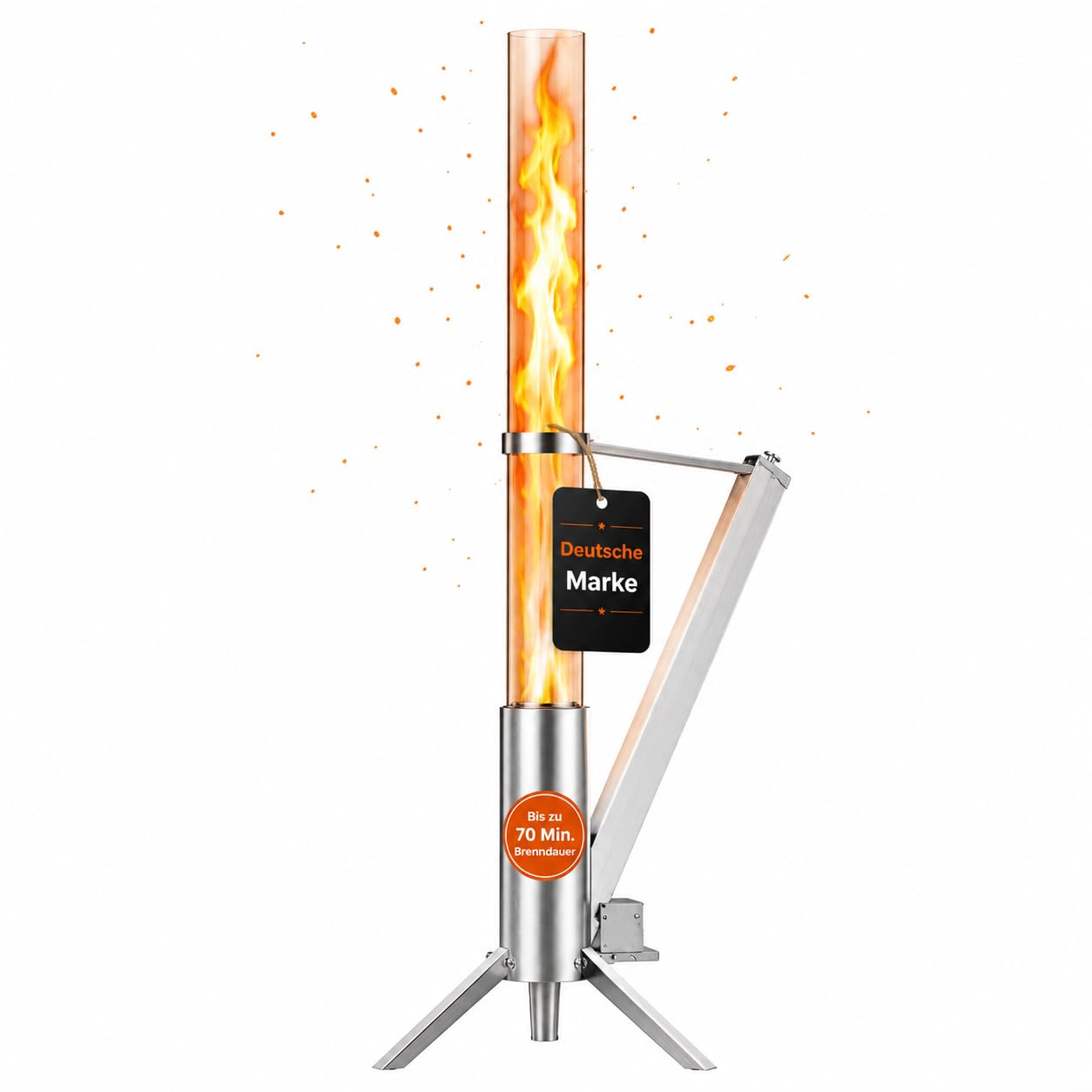 Pelletfackel Raketenofen mit Glasrohr, Edelstahl Silber