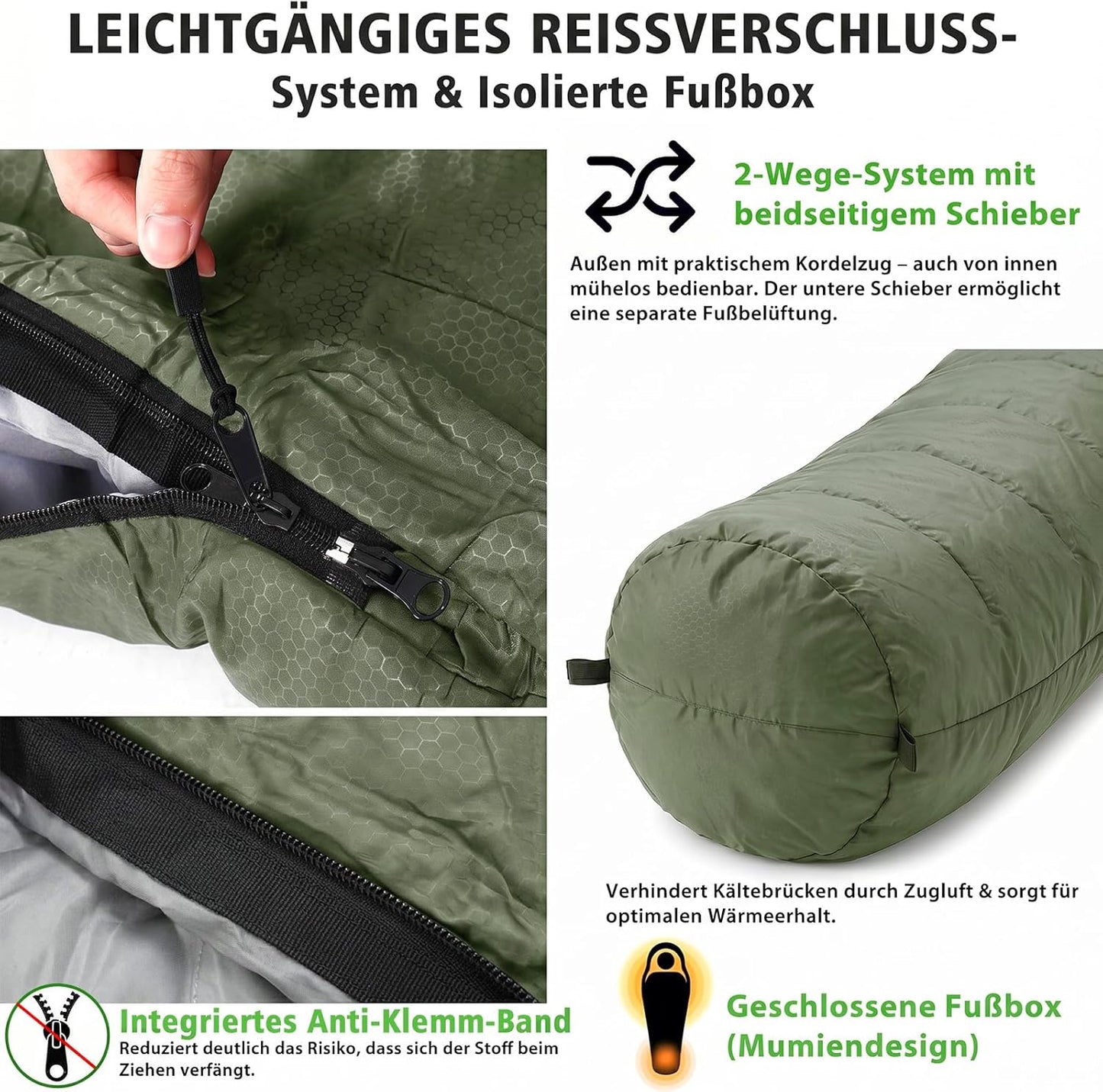 Mumienschlafsack für Erwachsene, 4 Jahreszeiten (0 °C - +5 °C) Grün