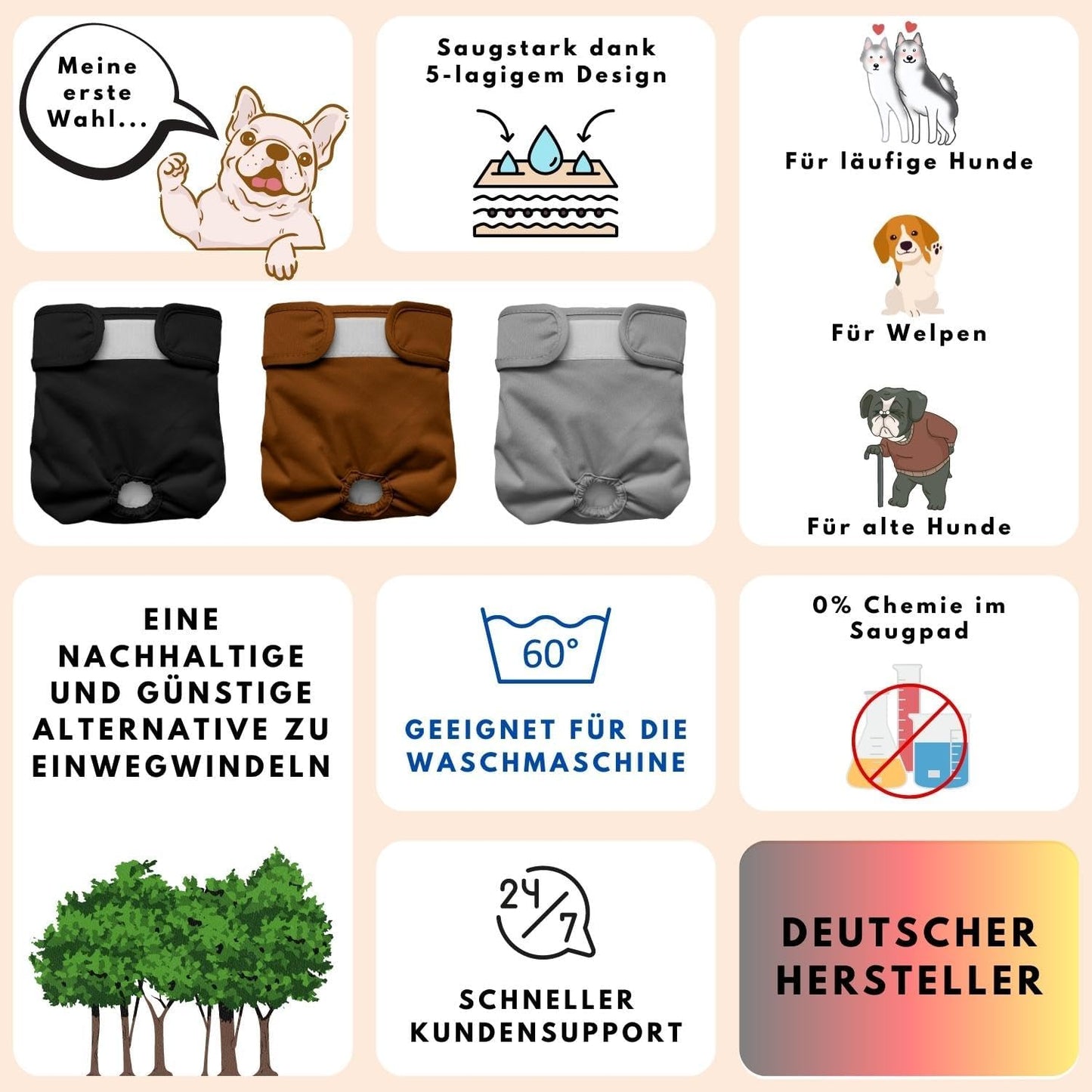 Hundewindeln (3 Stück, waschbar), Schwarz XL