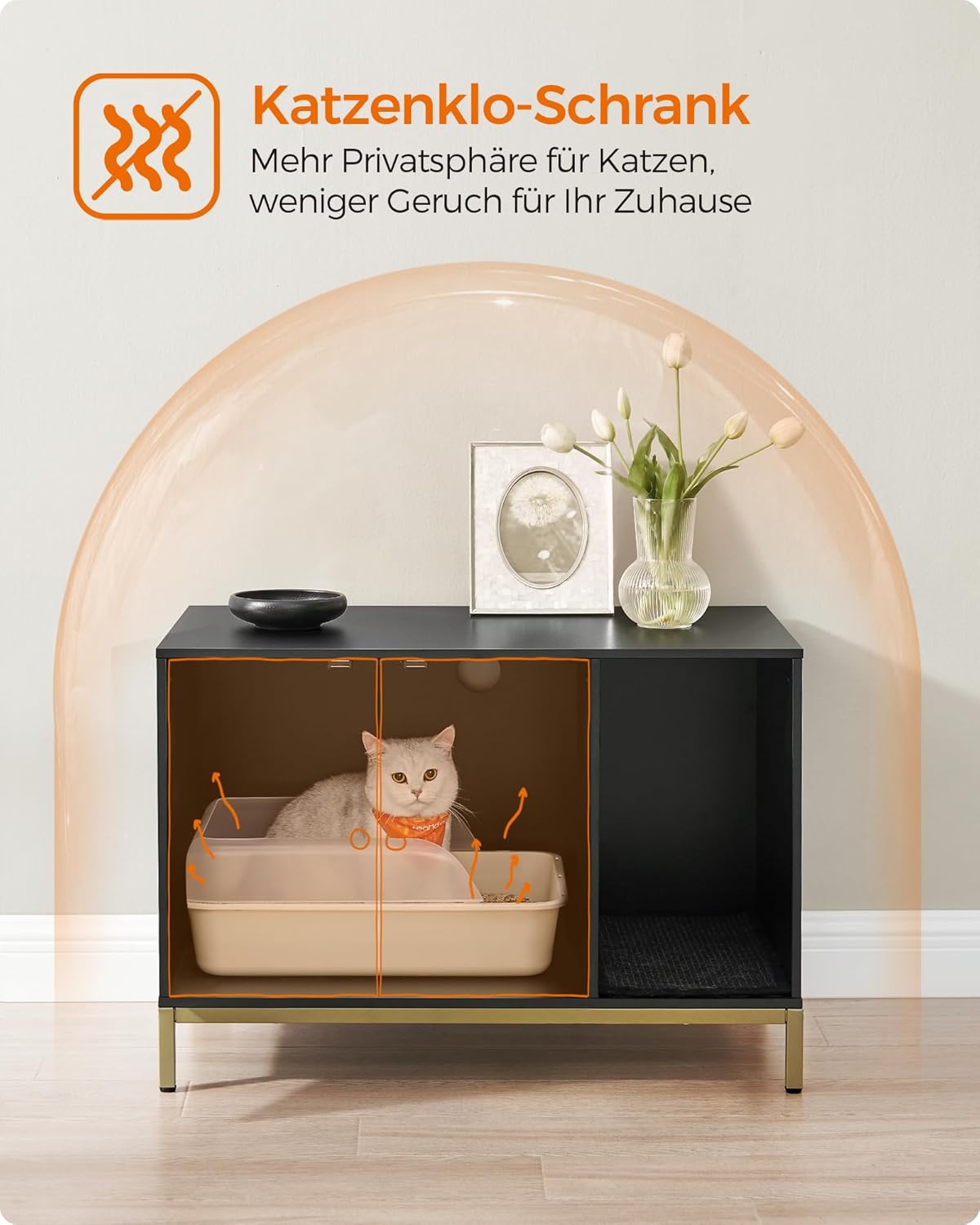 Katzenklo-Schrank PCL007B01 mit Kratzmatte und Beistelltischfunktion, 80 x 50 x 55 cm Schwarz + Goldfarben