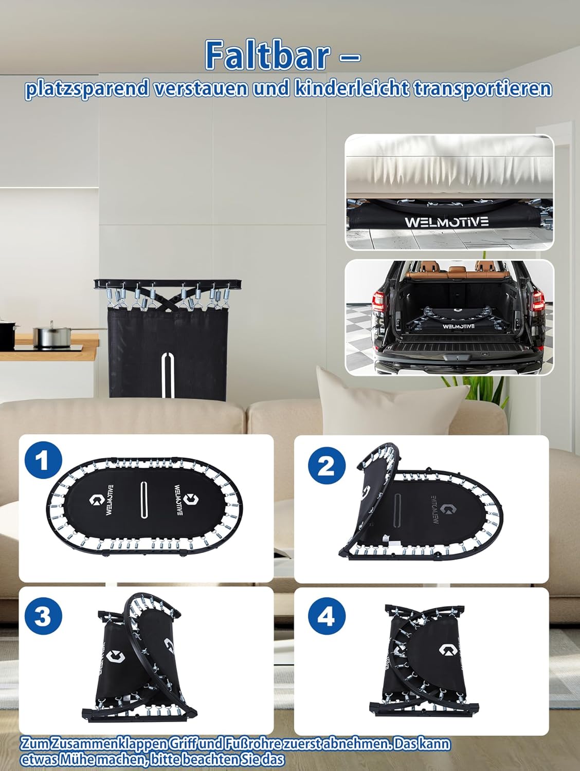 Indoor Trampolin für 2 Personen, Dunkelblau mit Griff