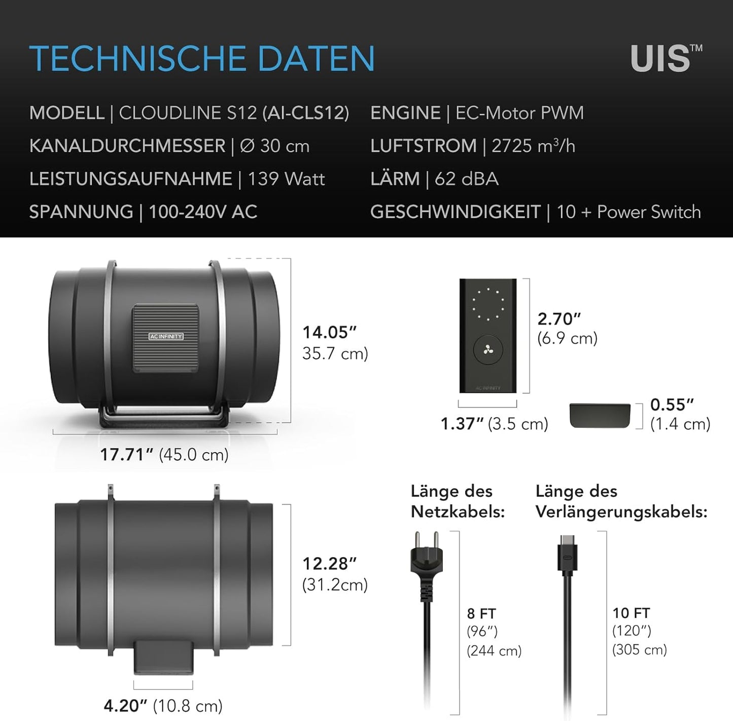 Leises Inline-Lüftersystem mit Drehzahlregler 300 mm, Metall Pro Drehzahlregler