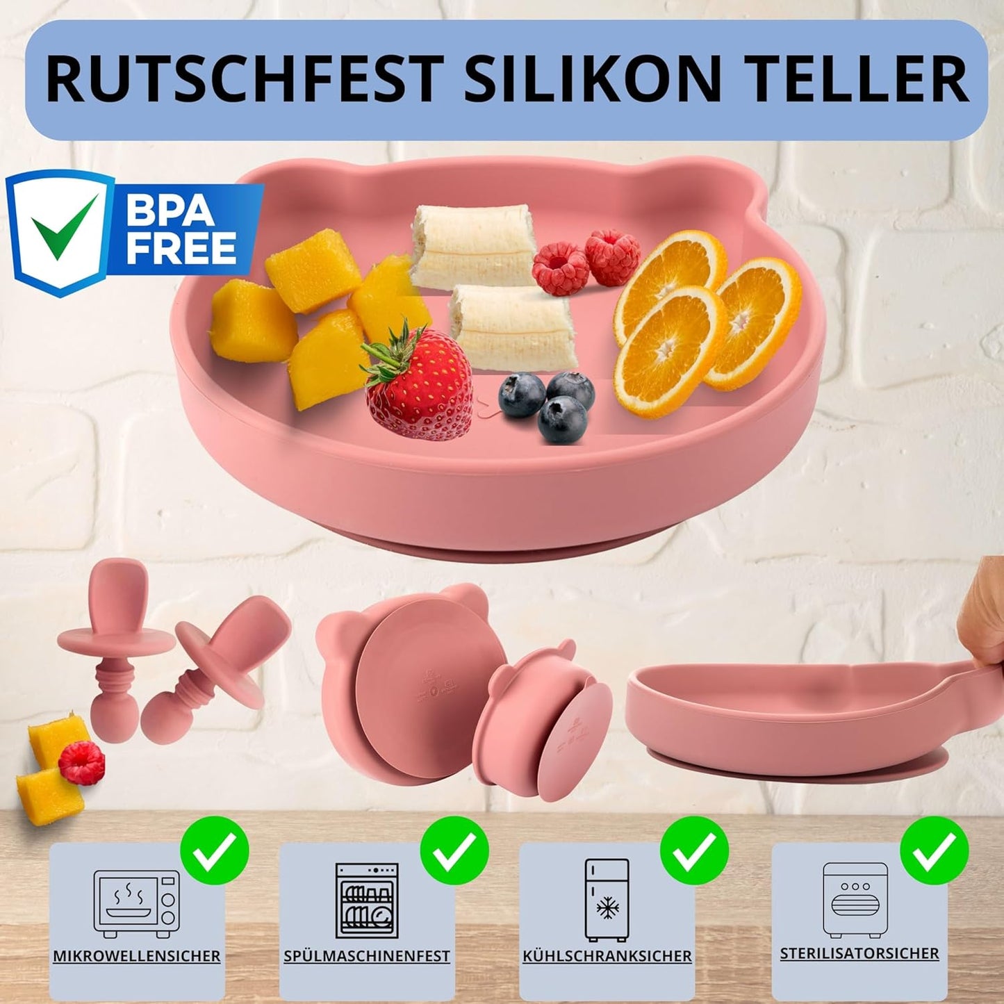 Baby-Geschirrset mit Saugnapf, Rosa