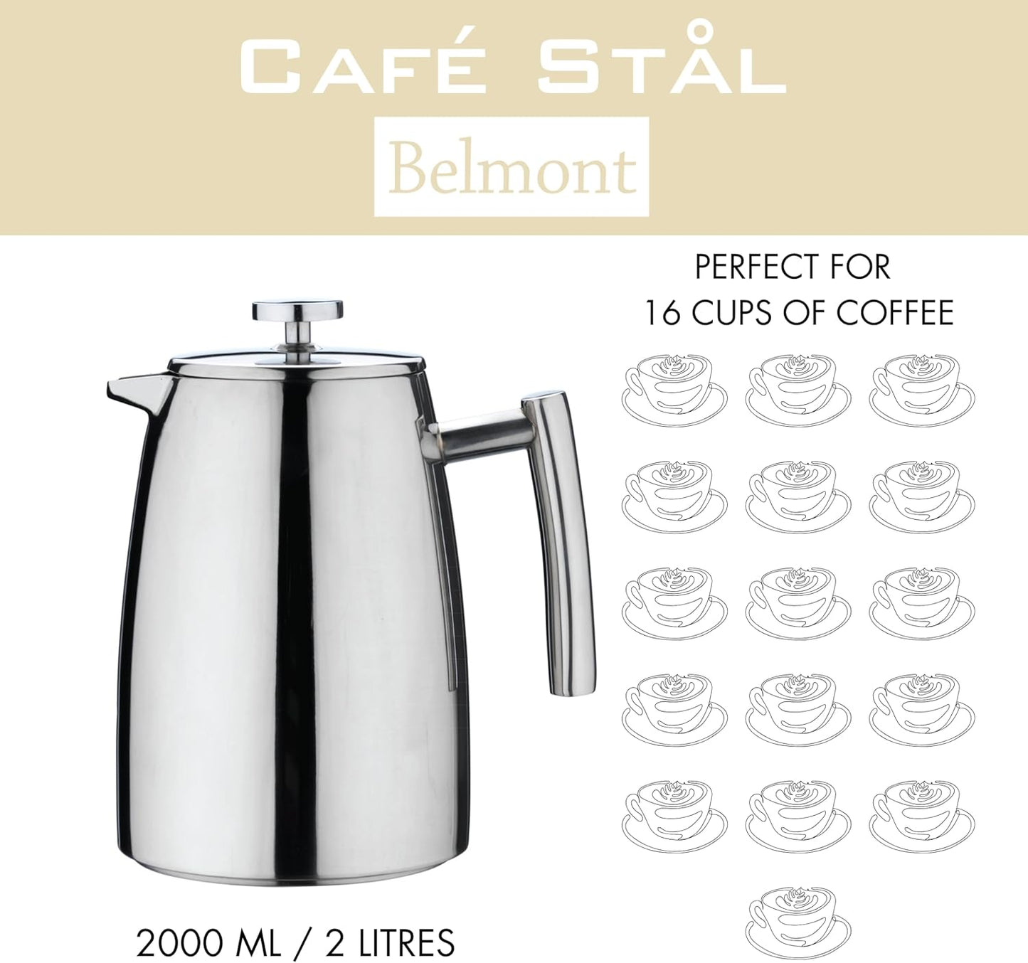 Doppelwandiger Kaffeebereiter aus Edelstahl (2L), Hochglanzpolitur 2L Kaffeekanne