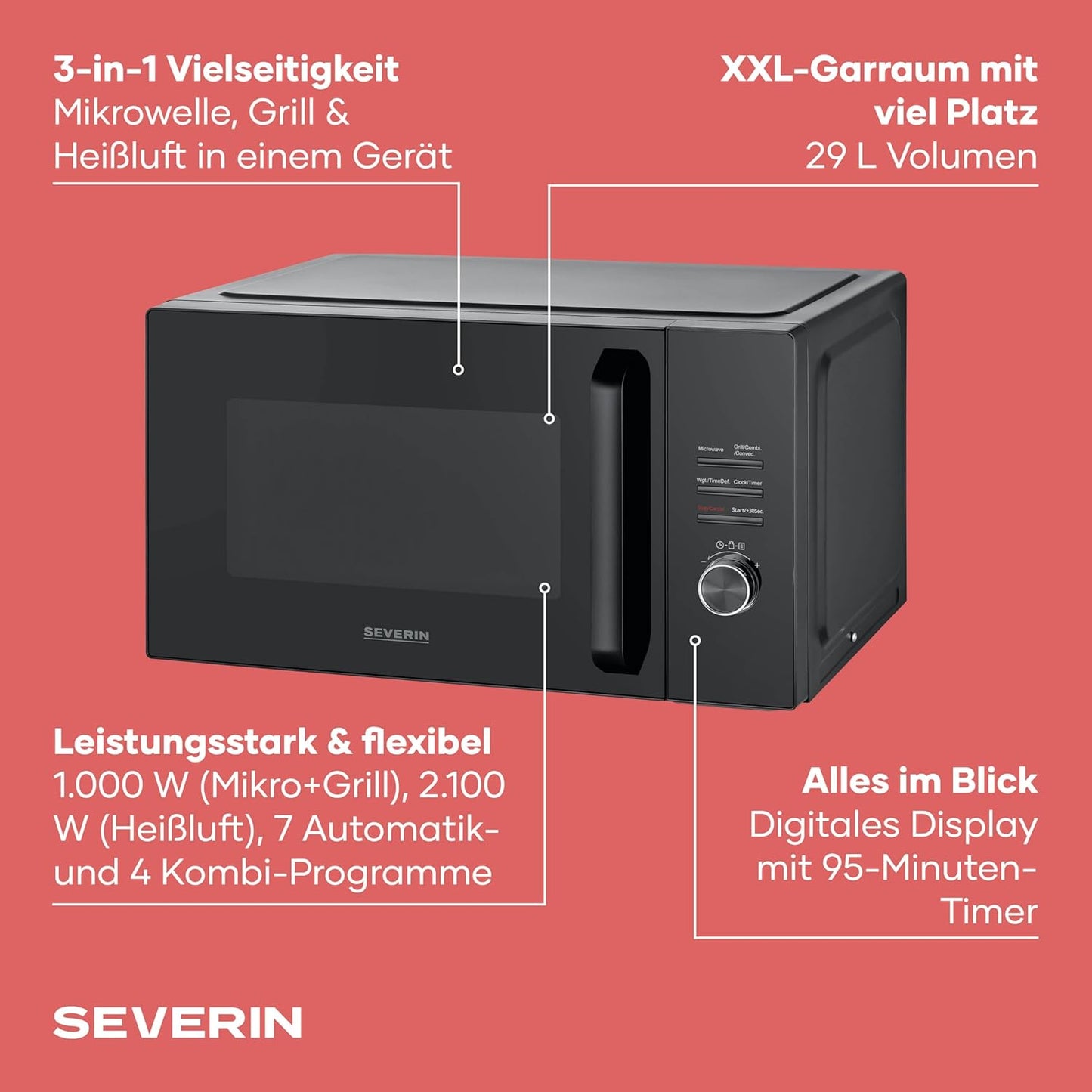 3-in-1 Mikrowelle MW7798, 3-in-1 (Mikrowelle+Grill+Heissluft), 30L XXL