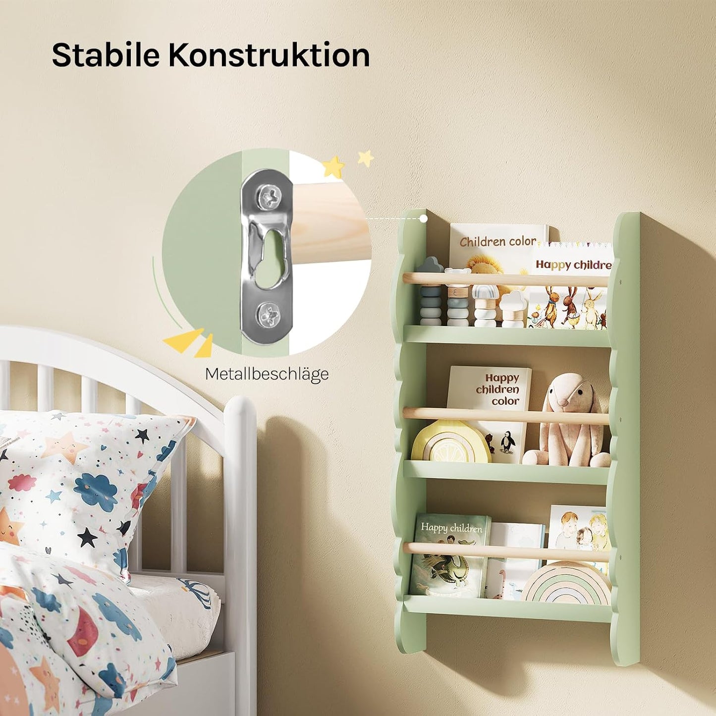 Kinder Wandbücherregal mit 3 Ablagen, Grün 42.5x80cm