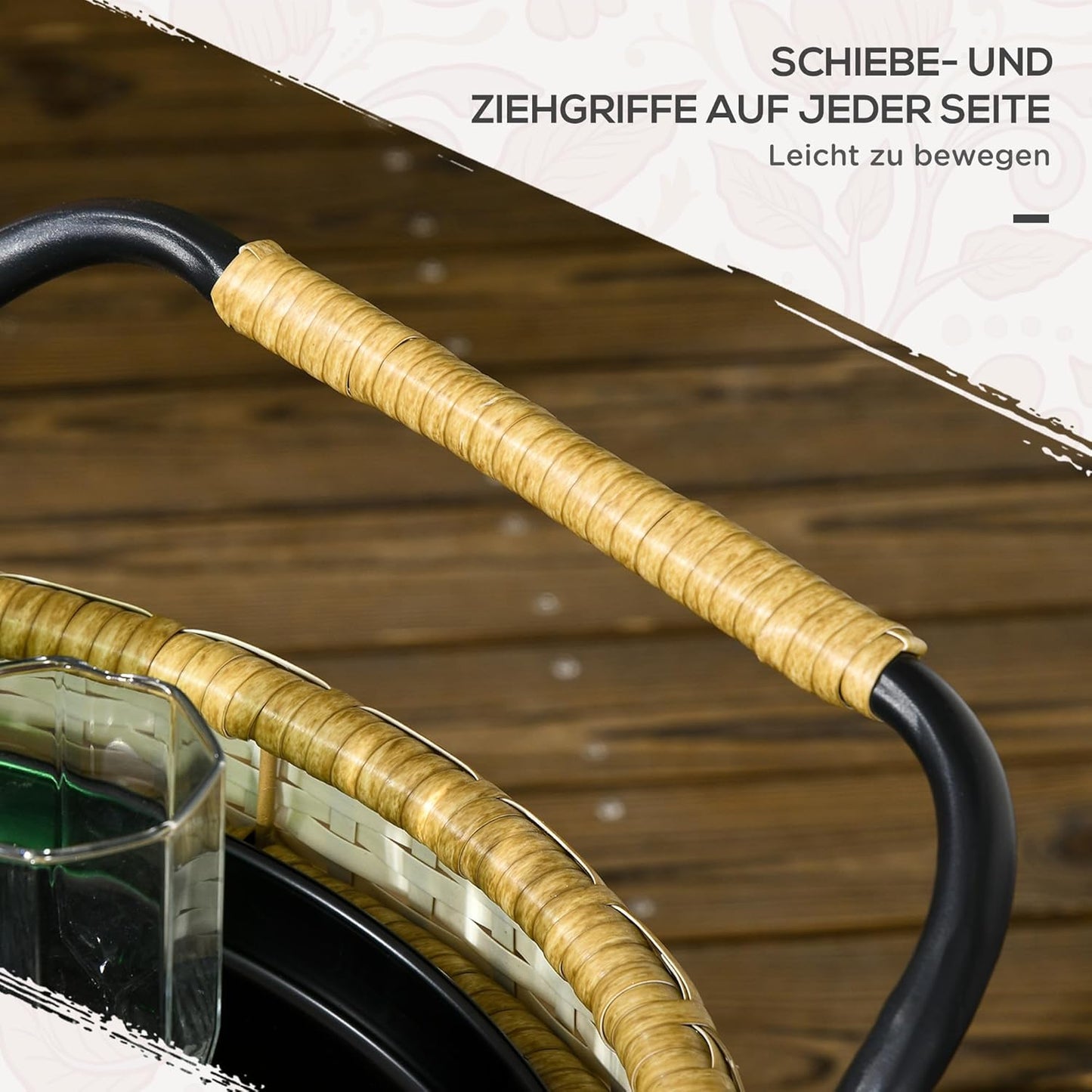 Rattan Servierwagen mit Regalen und Griffen