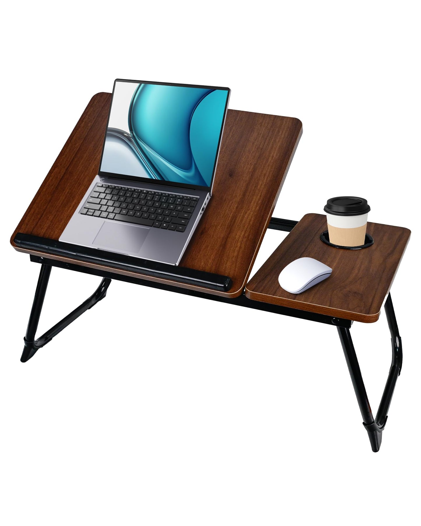 Verstellbarer Bett- & Laptoptisch mit Leseablage und Getränkehalter, Dunkelbraun