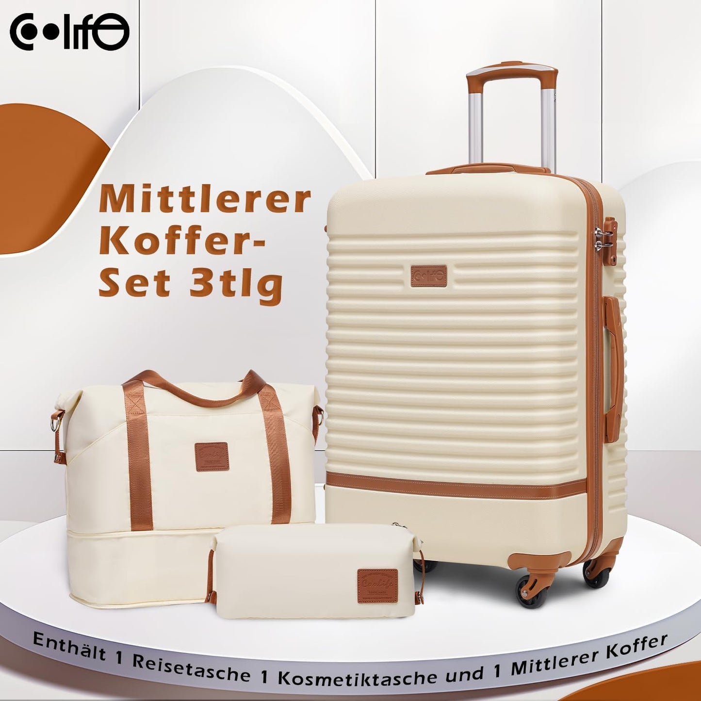 Hartschalen-Trolley Koffer-Set, Weiss/Braun Mittlerer Koffer-Set 3tlg