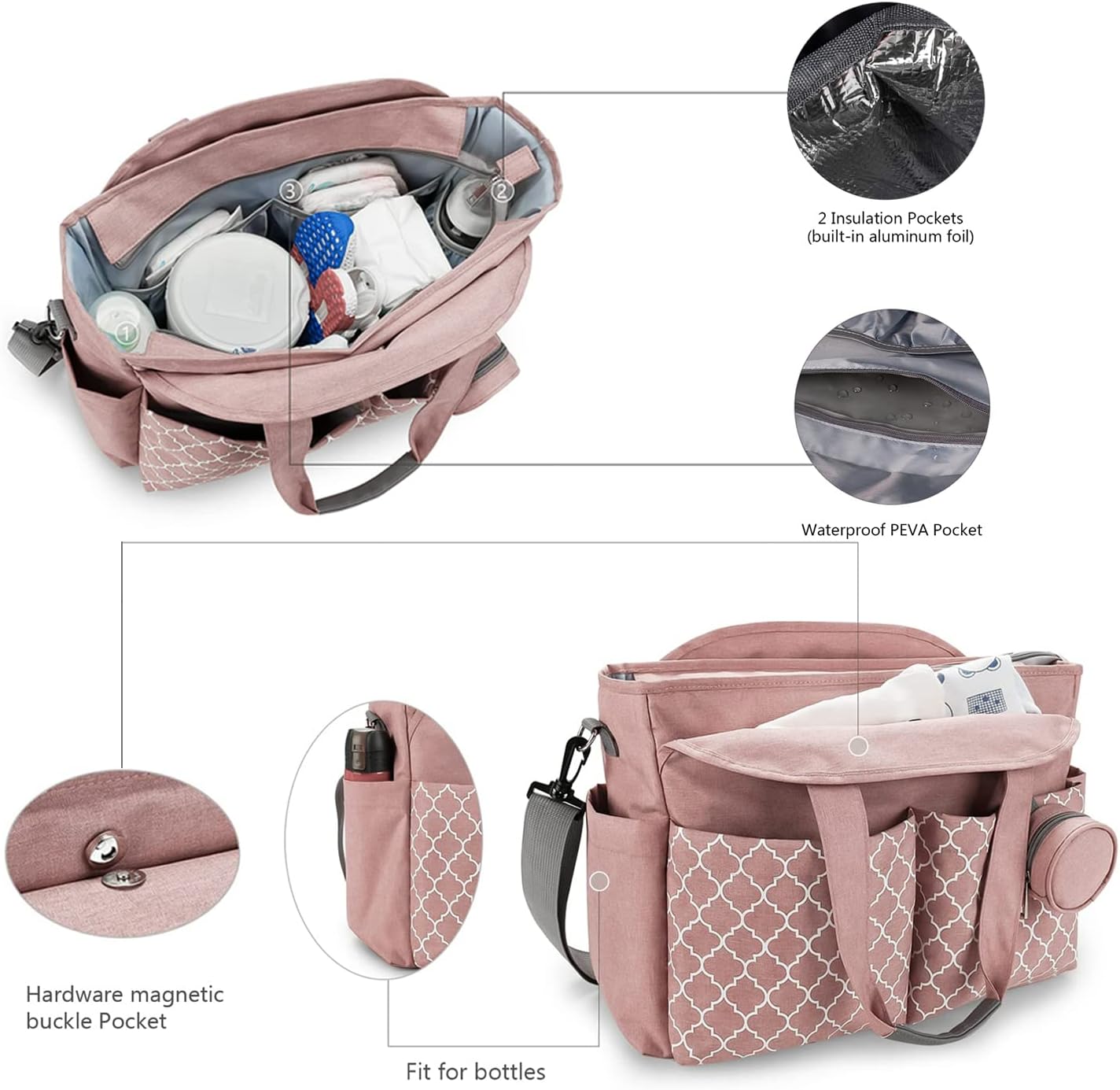 Wickeltasche mit integrierter Wickelstation für Reisen, Rosa