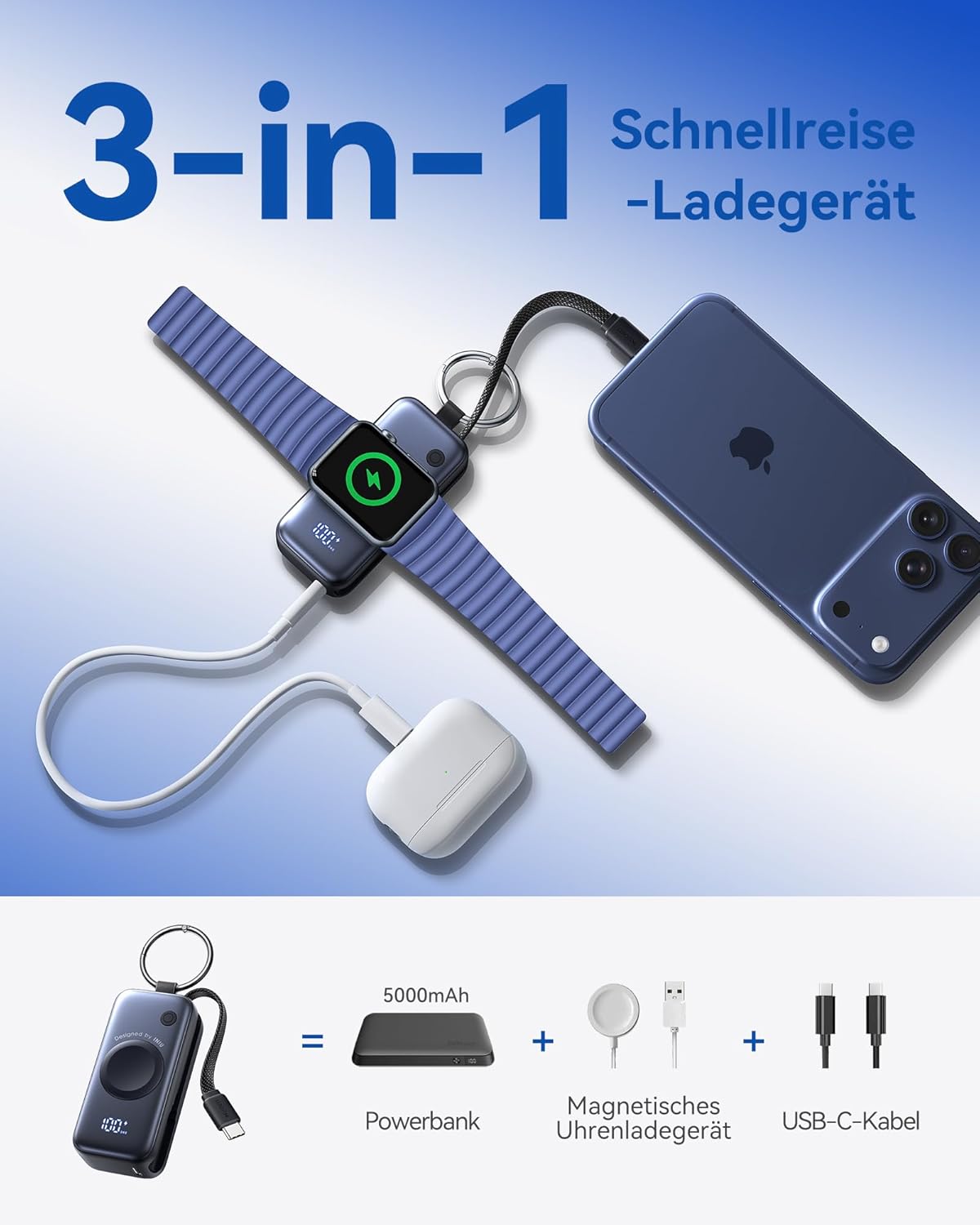 Powerbank mit USB-C Kabel, Schwarz