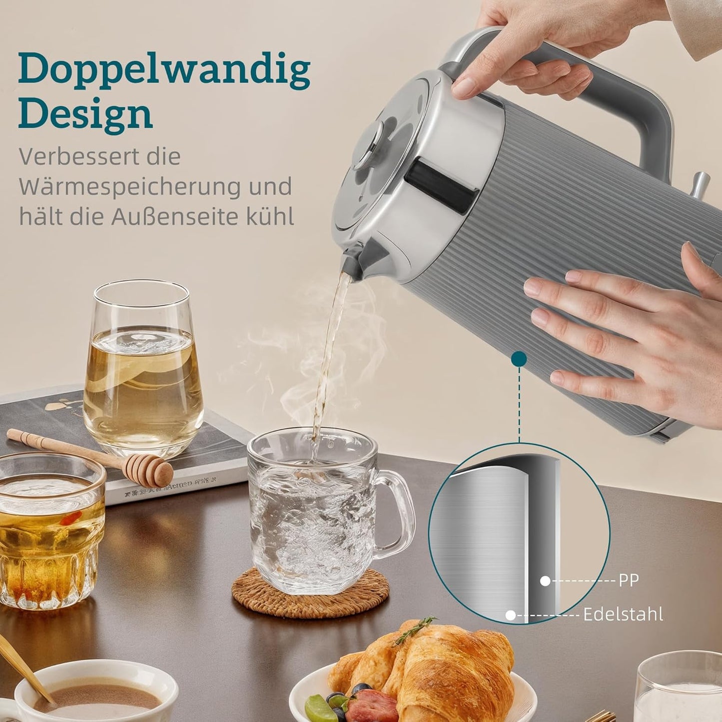 Wasserkocher & Toaster Set mit Edelstahl-Innenraum, Grau