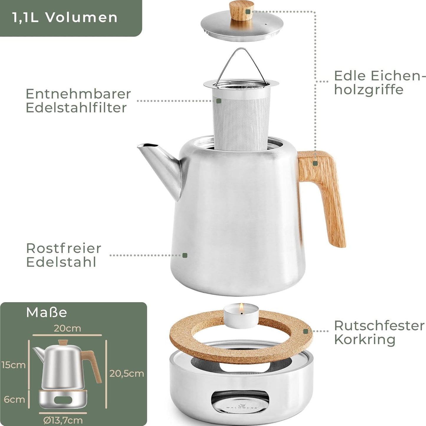 Teekanne mit Stövchen und Siebeinsatz, Teekanne mit Stövchen