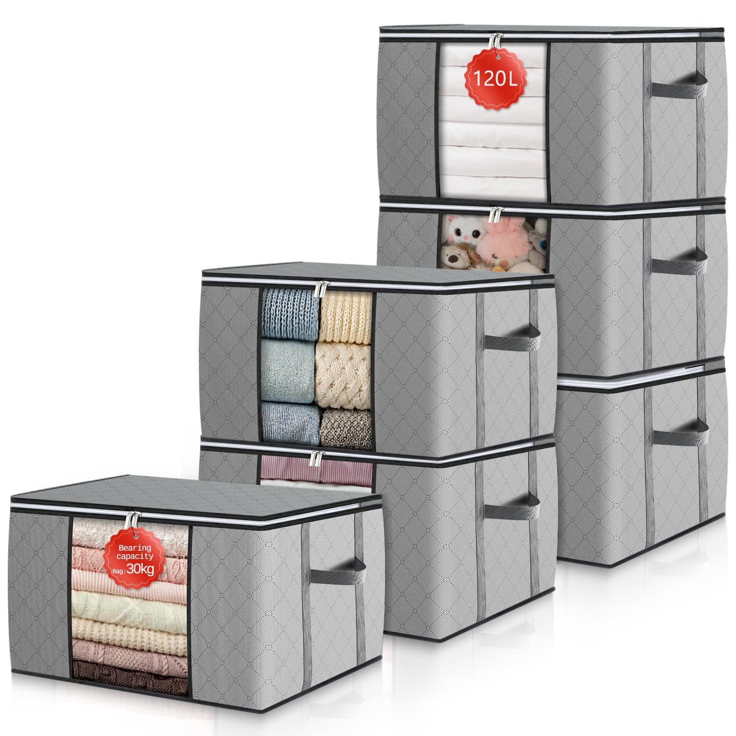 6-teiliges Aufbewahrungstaschen-Set für Unterbett, 120L x 6 Grau