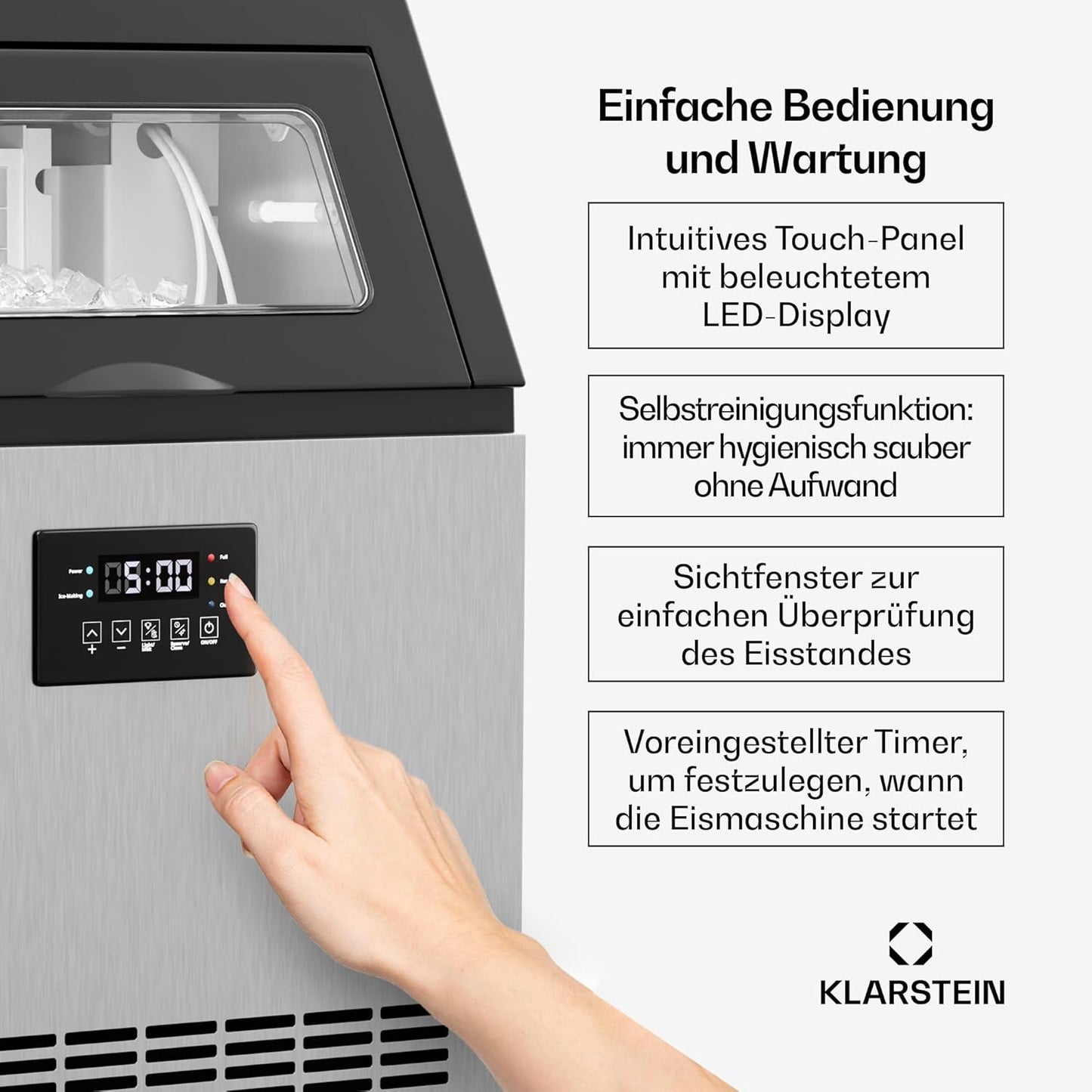 Eiswürfelmaschine mit Timer & Selbstreinigung (55 kg/24 h), 55 Kg / 24 H Schwarz & Edelstahl