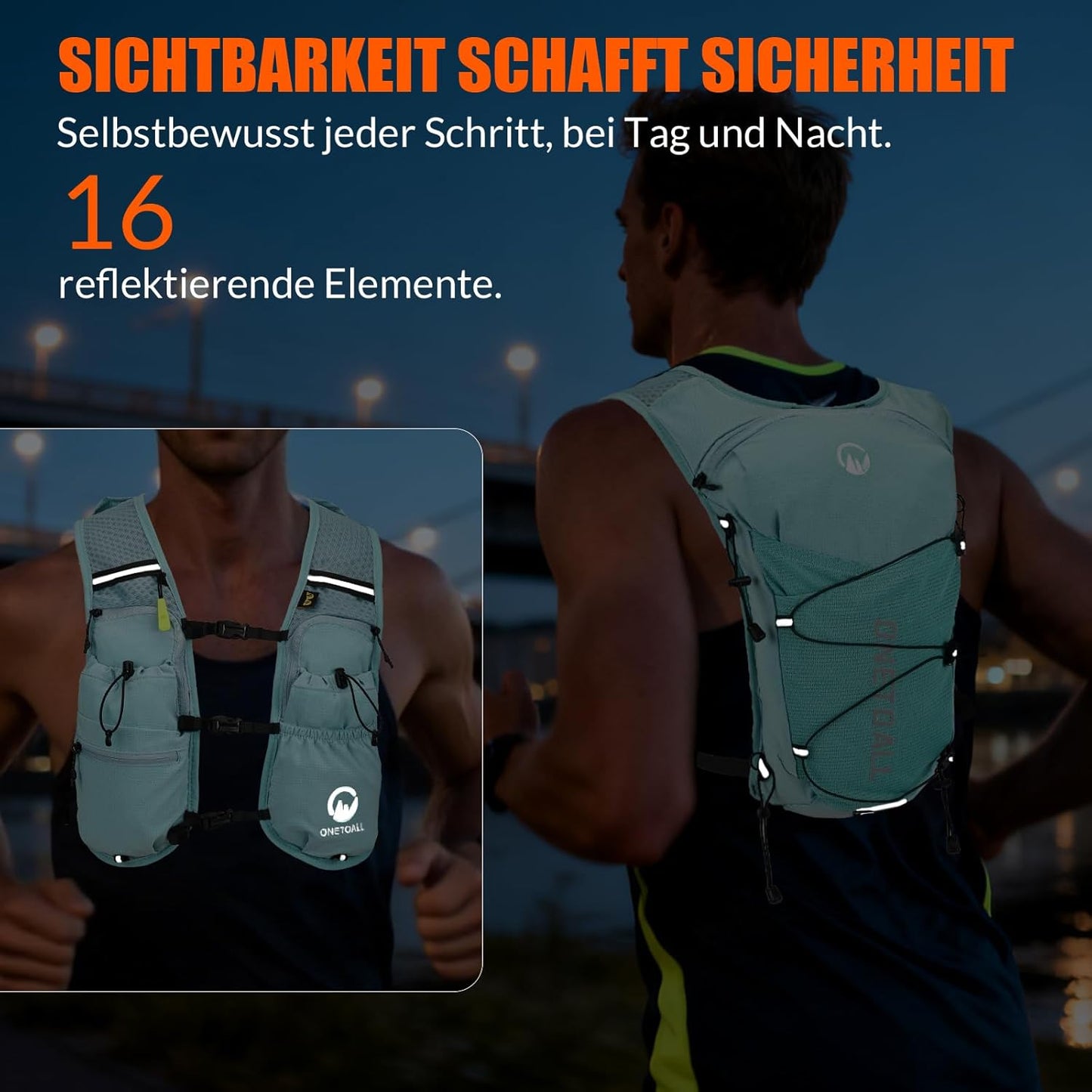 Trinkweste mit 2L Trinkblase & 500ml Flasche (6L), Blau mit eine 500ml Trinkflasche + eine 2L Trinkblase