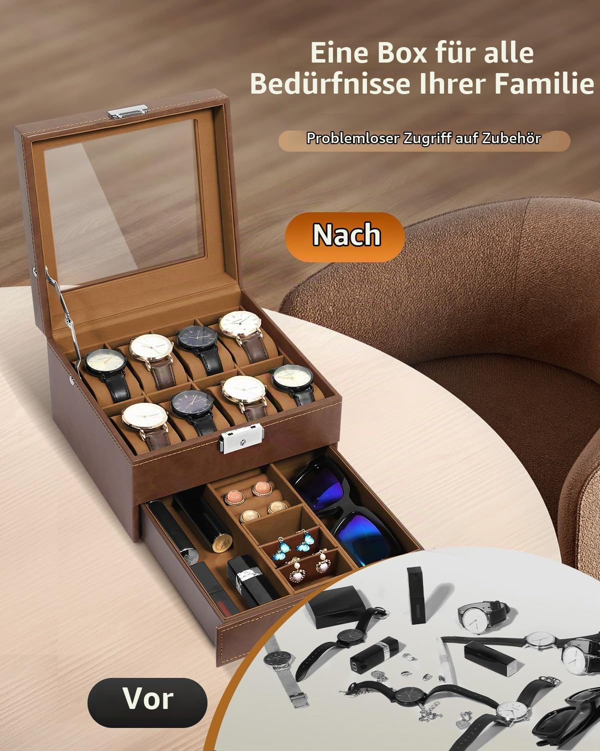 Uhrenbox mit 8 Fächern und Schublade, 8-braunes Pu-braunes