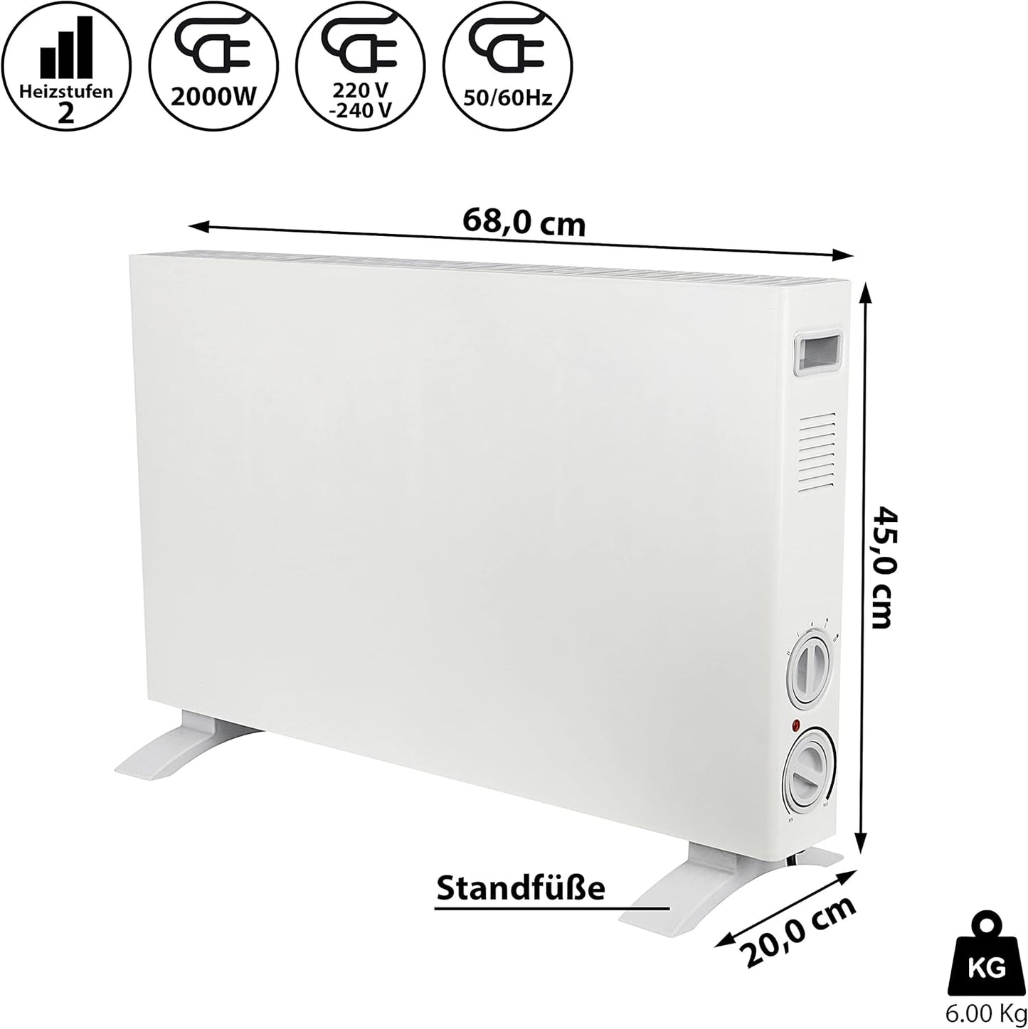 ProTherm Konvektorheizung mit Abschaltautomatik, Standheizung 68x45 Cm