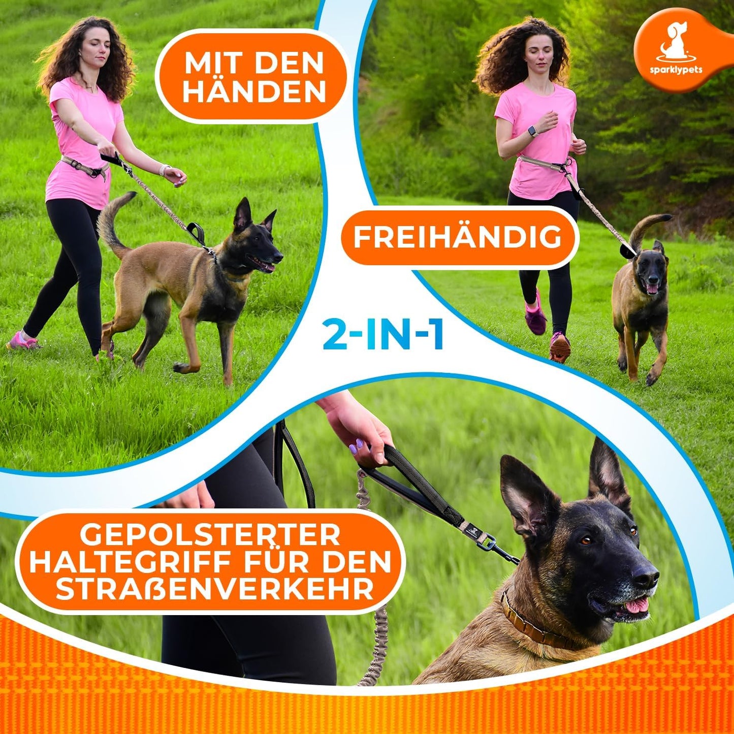2 in 1 Joggingleine für Hunde mit Doppelgriff, Stossdämpfer und Bauchgurt, Braun Für ein Hund