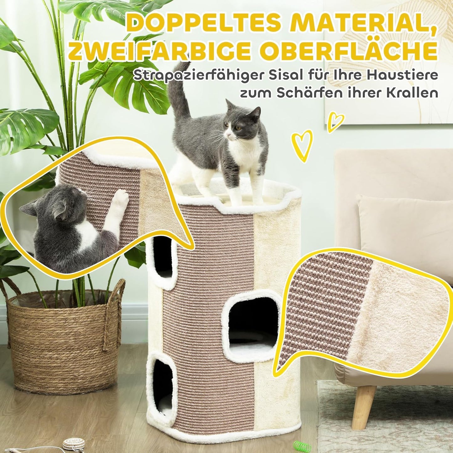 Katzentonne mit Kratzbaum und Kissen (dreistöckig), Beige+Weiß