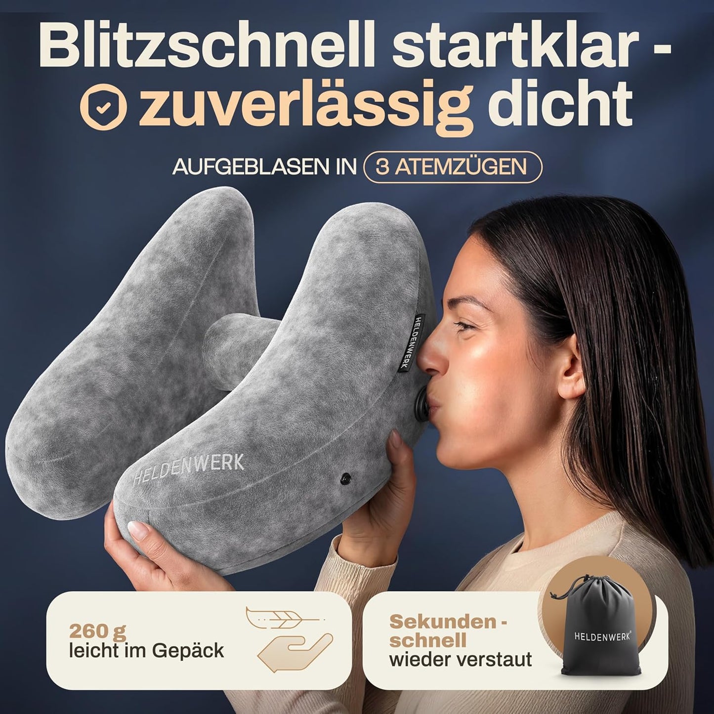 Aufblasbares Nackenkissen mit abnehmbarer Kapuze, Grösse L, Hellgrau Gross - passt den meisten