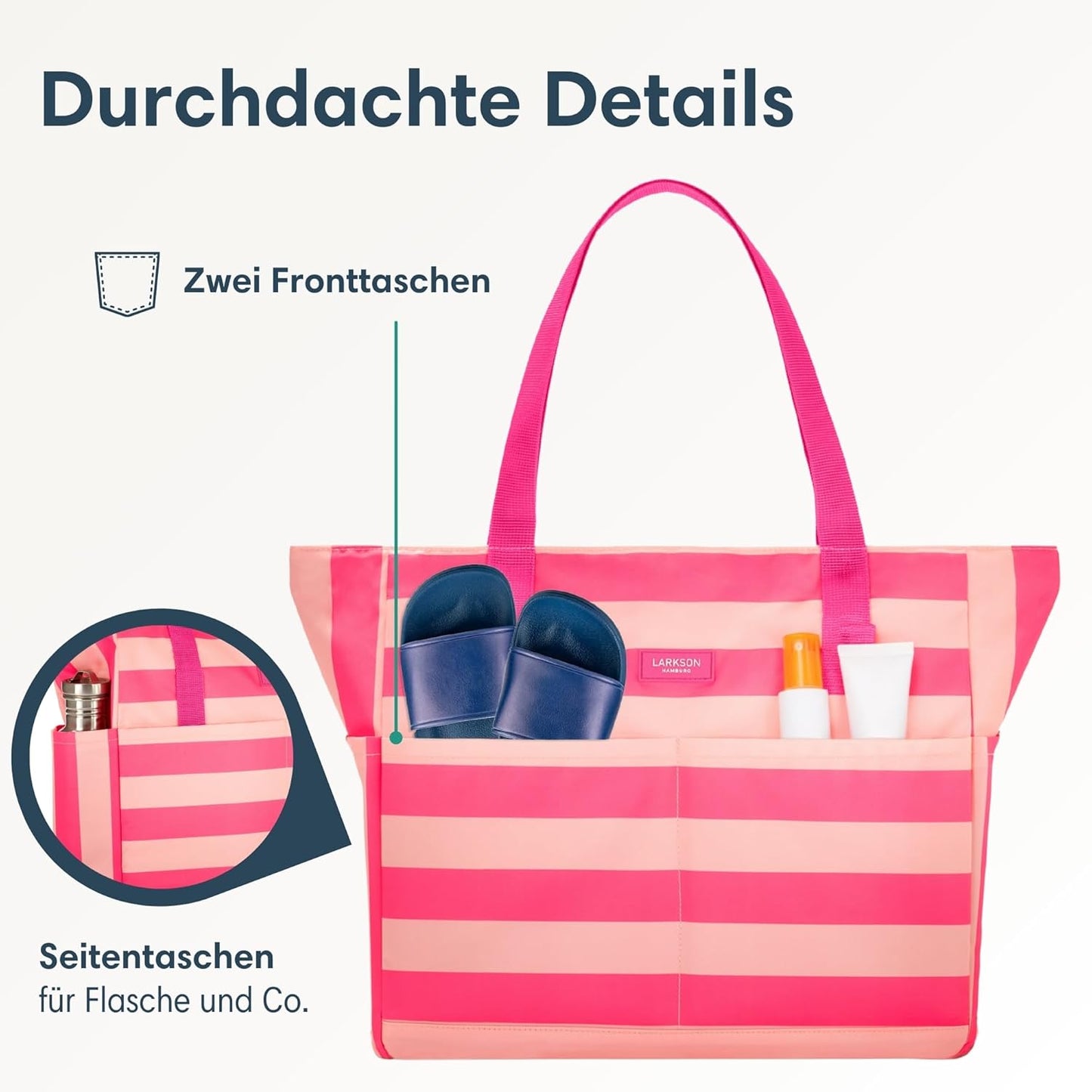 Strandtasche Linn XXL mit Reissverschluss, Pink - Gestreift