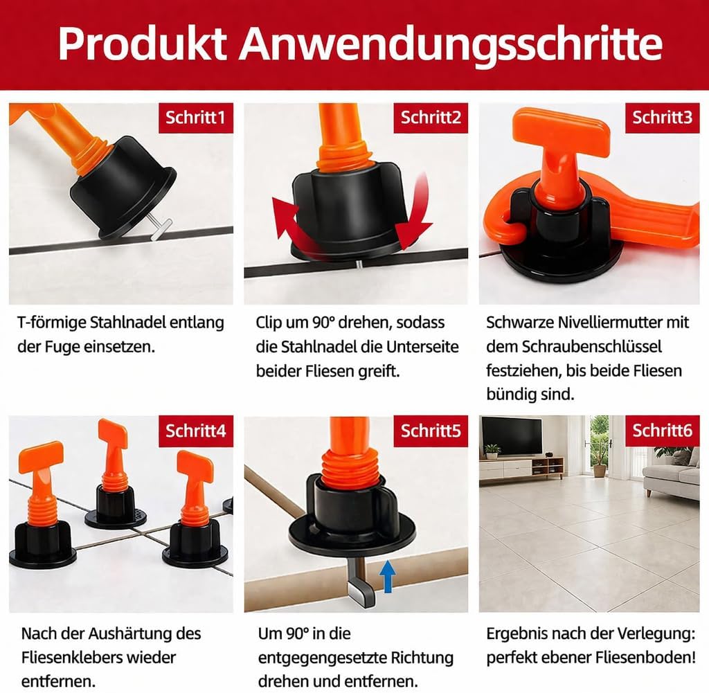 100-teiliges wiederverwendbares Fliesen Nivelliersystem Set mit Spezialschlüssel, 100 Stück