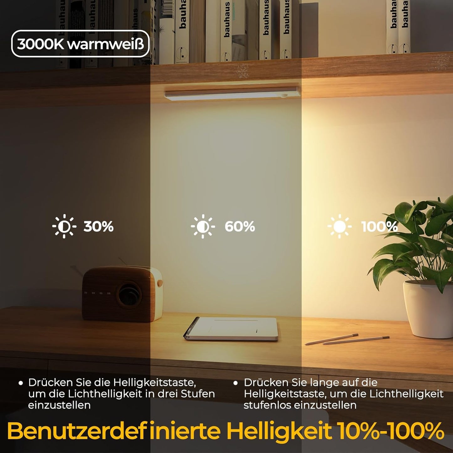 3er-Set LED-Schrankbeleuchtung mit Bewegungsmelder, Warmweiß 20.5cm*3